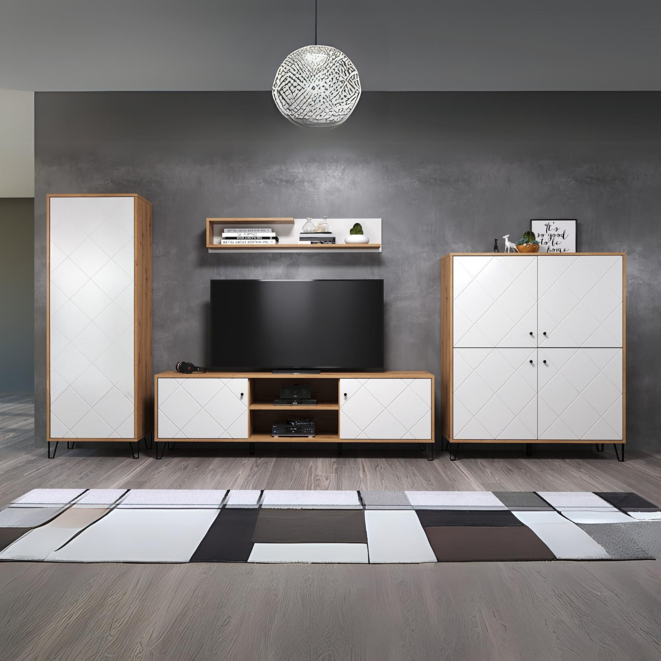 Set mobili da soggiorno "Living Bollo" in legno rovere artisan e bianco