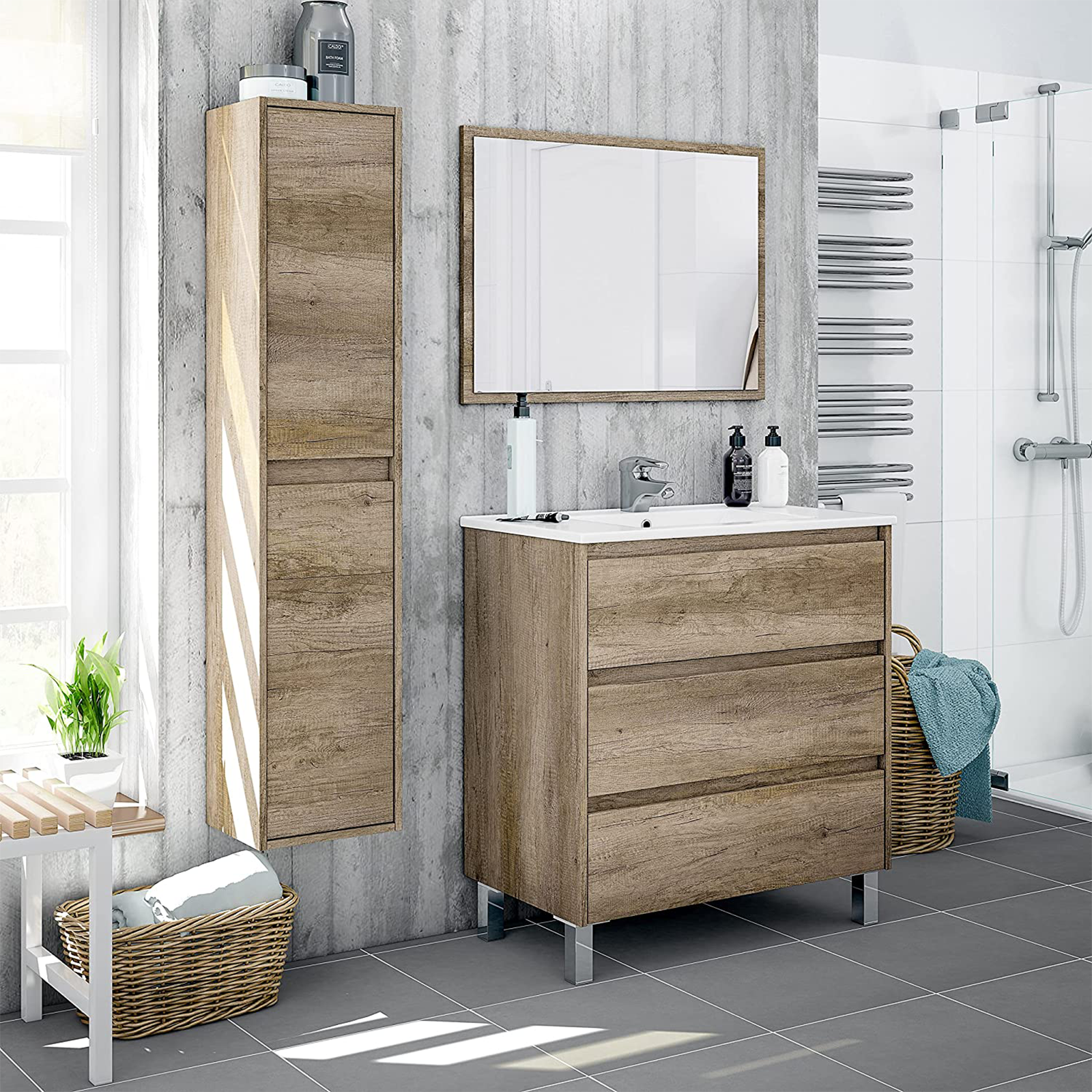 Colonna pensile da bagno Dakota mobile a 2 ante in legno rovere Nordik con 4 ripiani