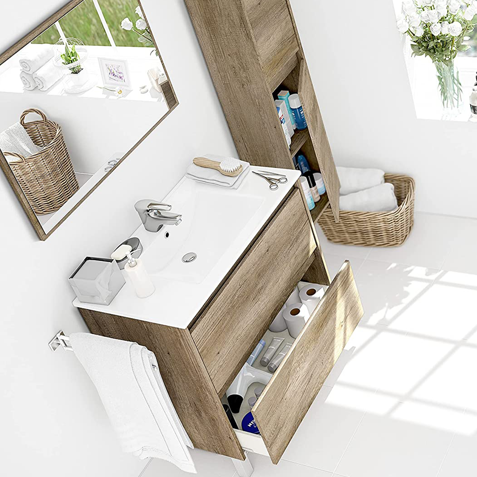 Colonna pensile da bagno Dakota mobile a 2 ante in legno rovere Nordik con 4 ripiani