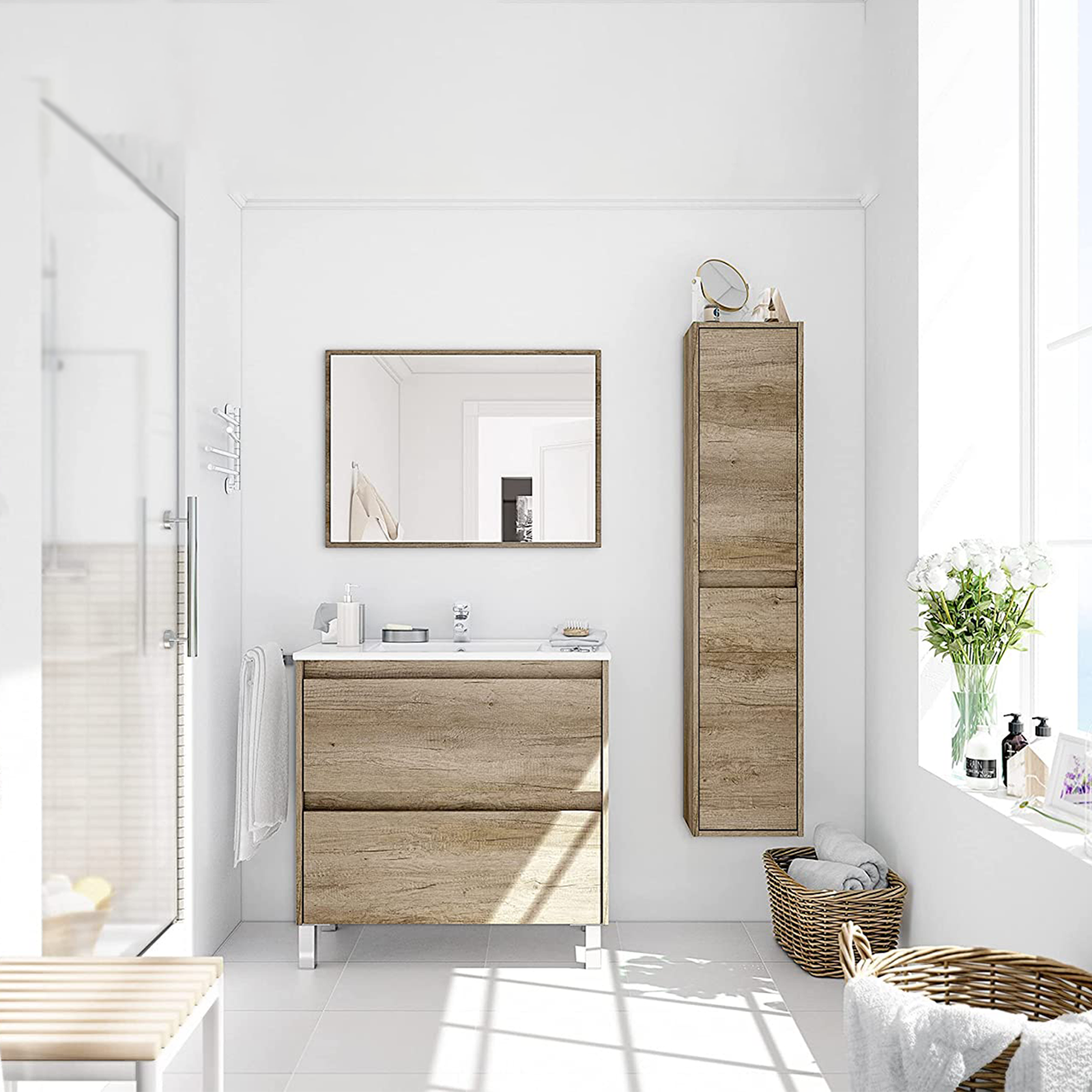 Colonna pensile da bagno Dakota mobile a 2 ante in legno rovere Nordik con 4 ripiani