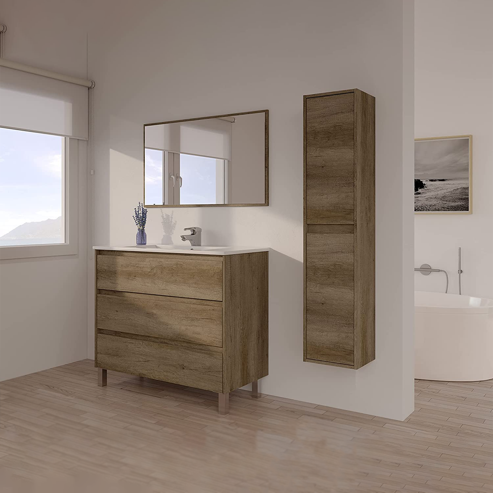 Colonna pensile da bagno Dakota mobile a 2 ante in legno rovere Nordik con 4 ripiani