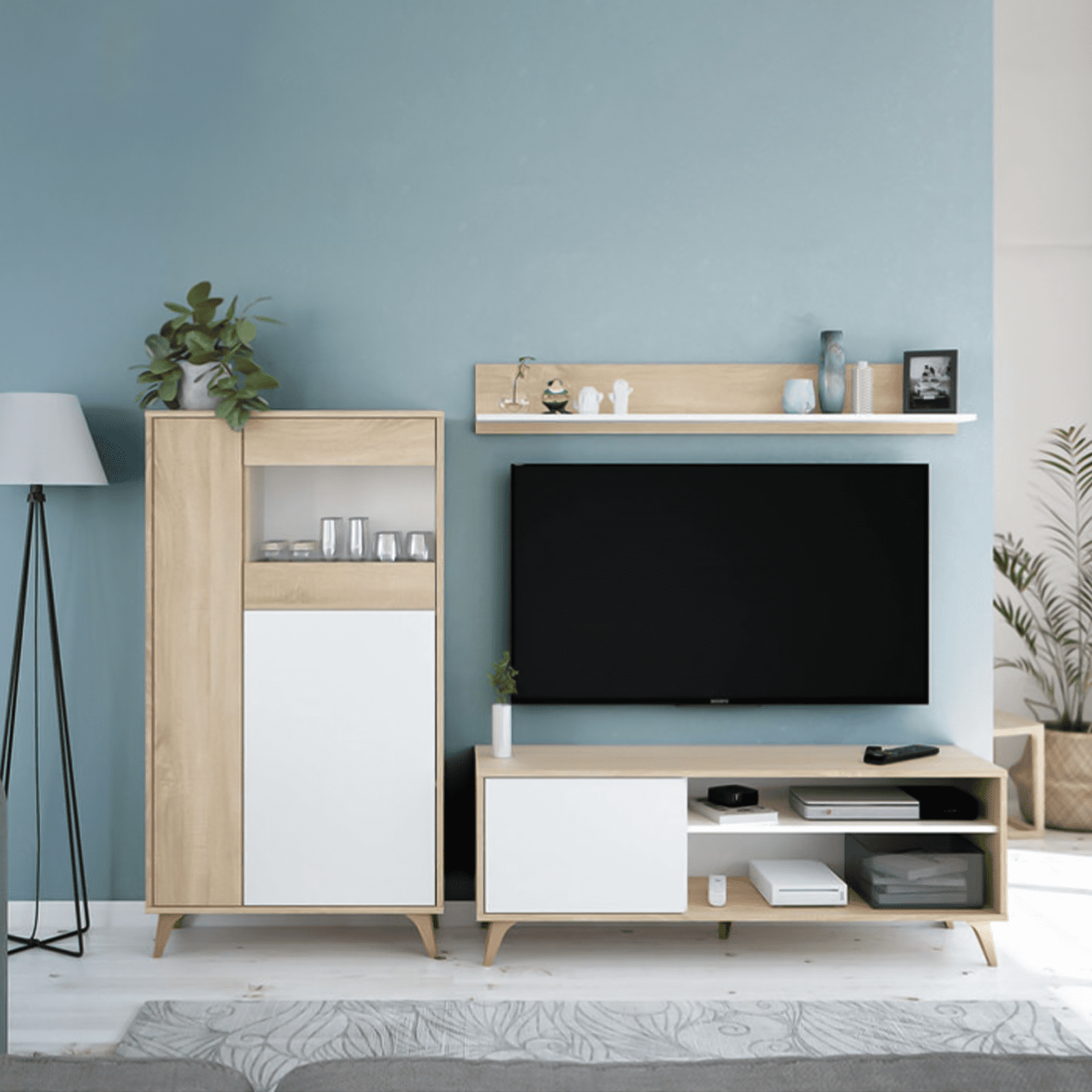 Kit Mobiletto porta tv + mensola a muro bianco rovere da soggiorno