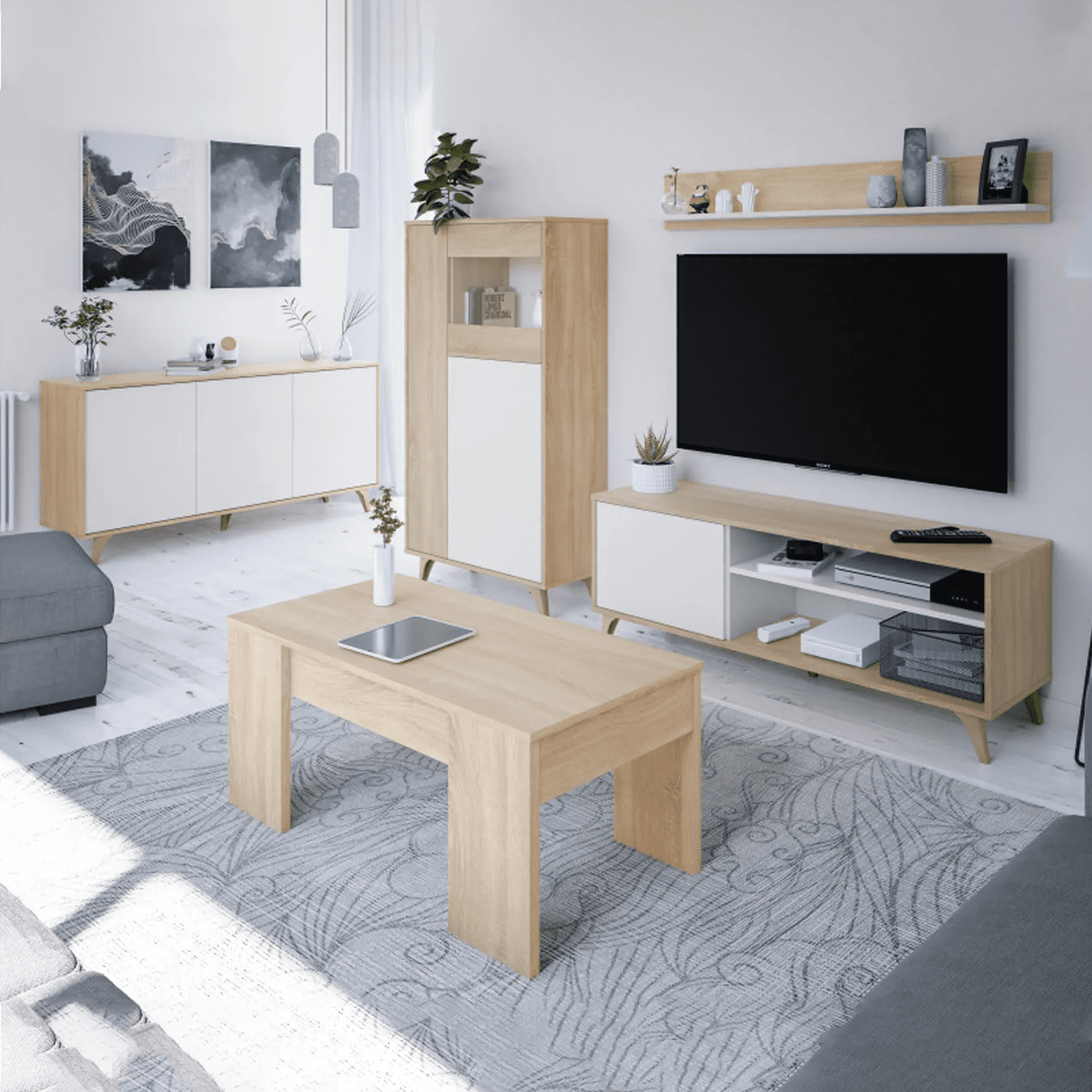 Kit Mobiletto porta tv + mensola a muro bianco rovere da soggiorno