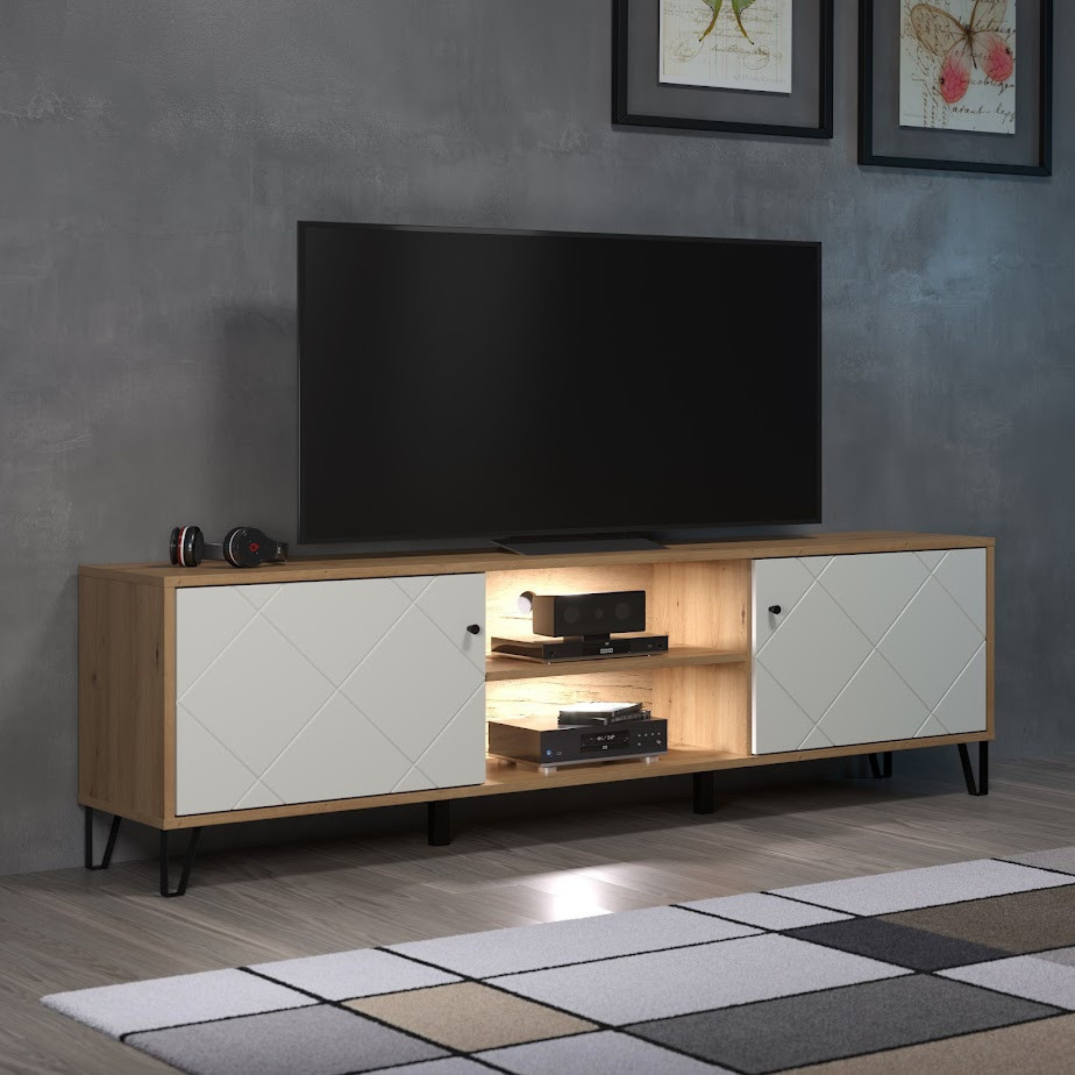 Set mobili da soggiorno "Living Bollo" in legno rovere artisan e bianco