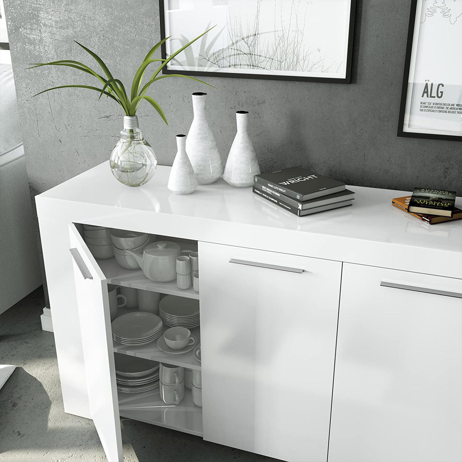 Credenza a 3 ante Ambit bianco e cemento da soggiorno cm 144x42 80h