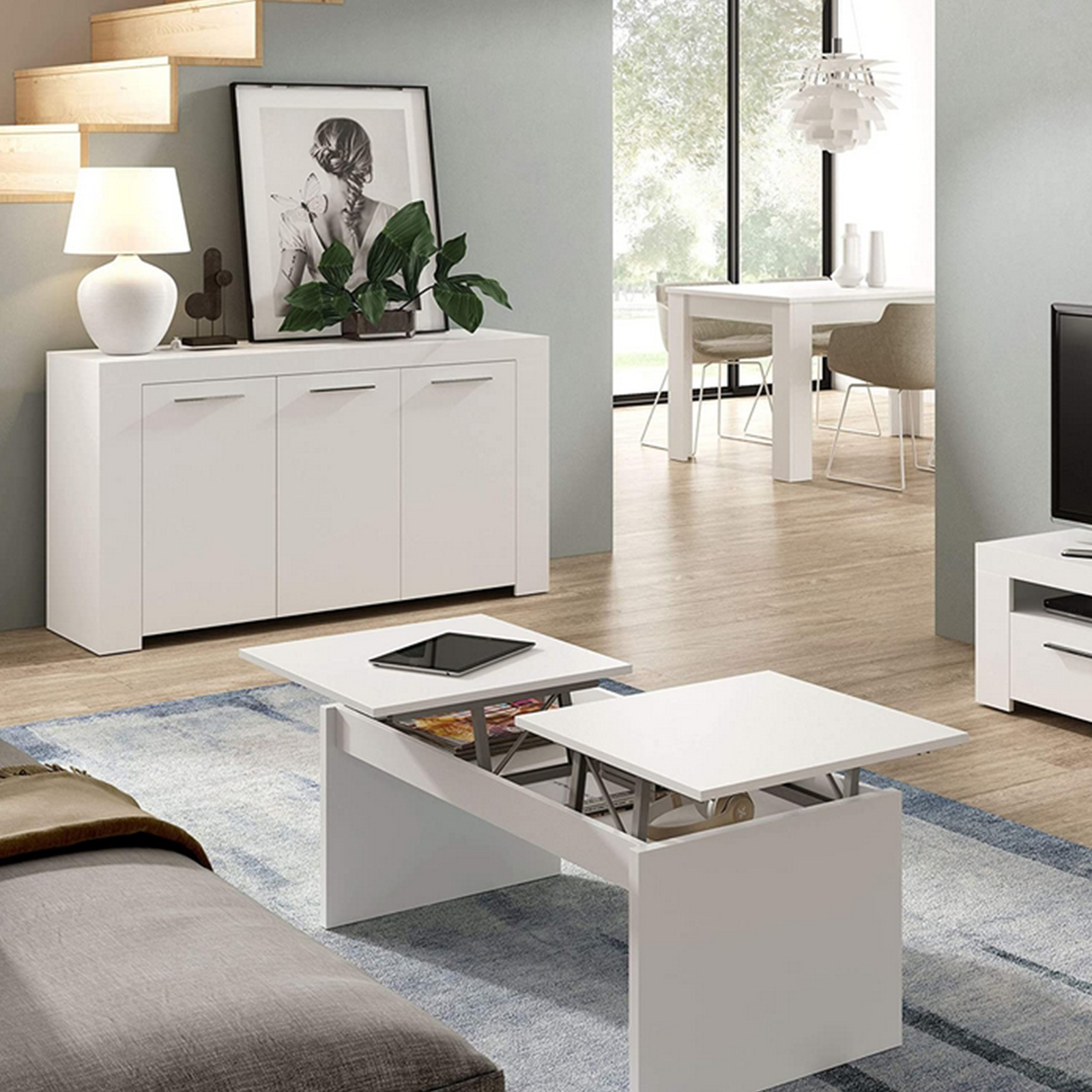 Credenza a 3 ante Ambit bianco e cemento da soggiorno cm 144x42 80h