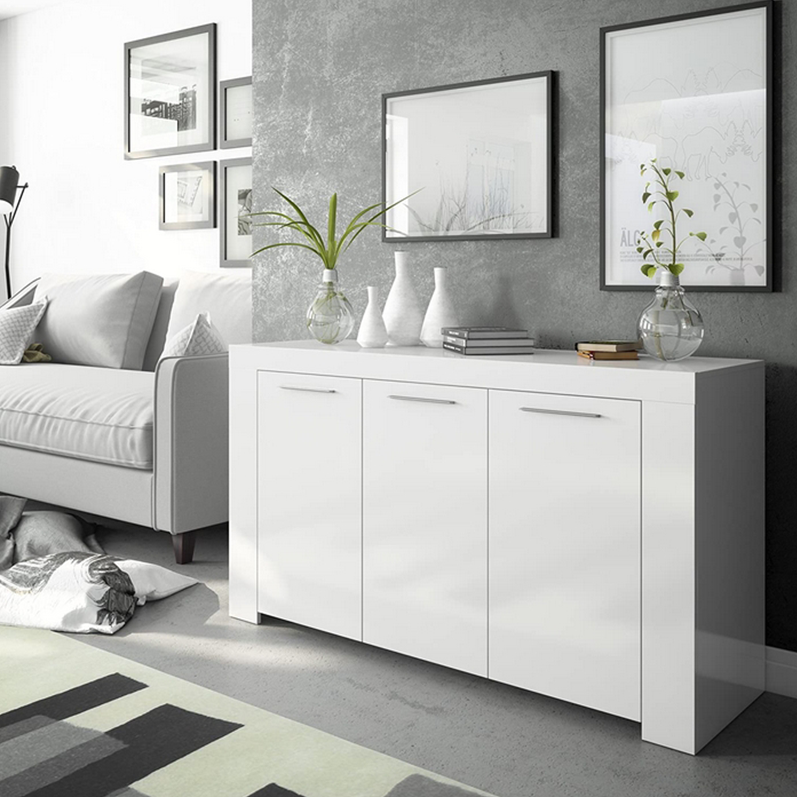 Credenza a 3 ante Ambit bianco e cemento da soggiorno cm 144x42 80h