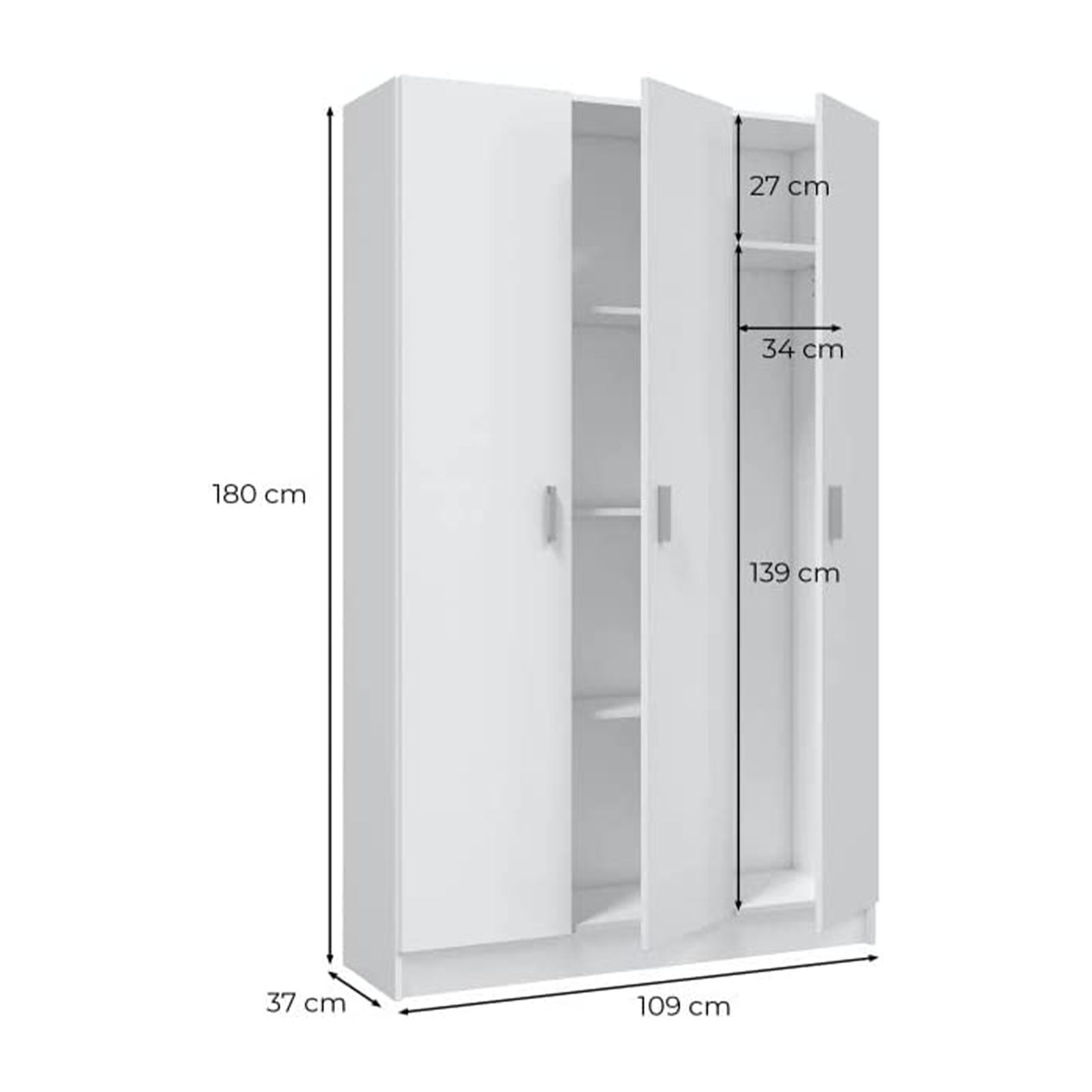 Armadio multiuso bianco in legno con ripiani e vano portascope h 180 cm