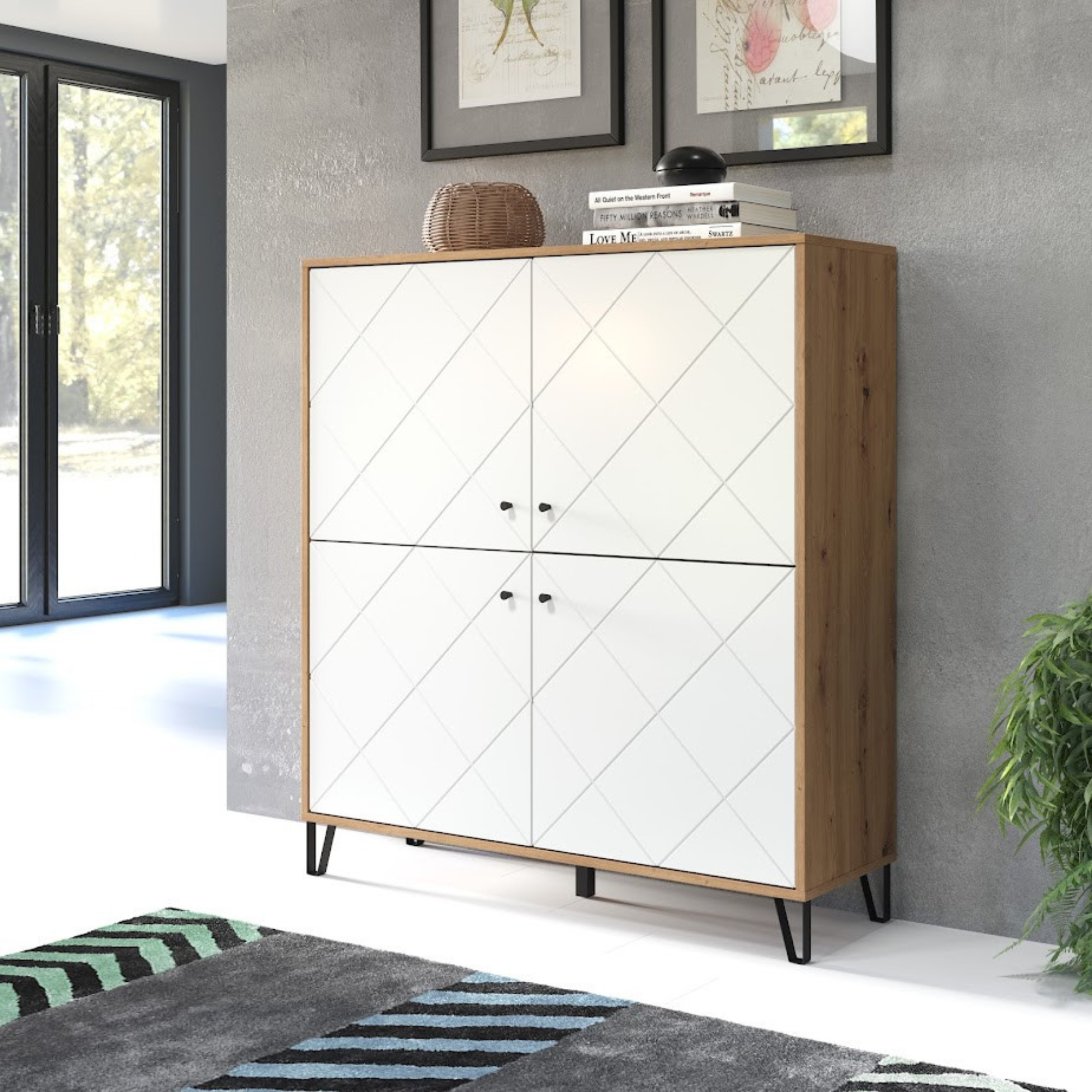 Set mobili da soggiorno "Living Bollo" in legno rovere artisan e bianco