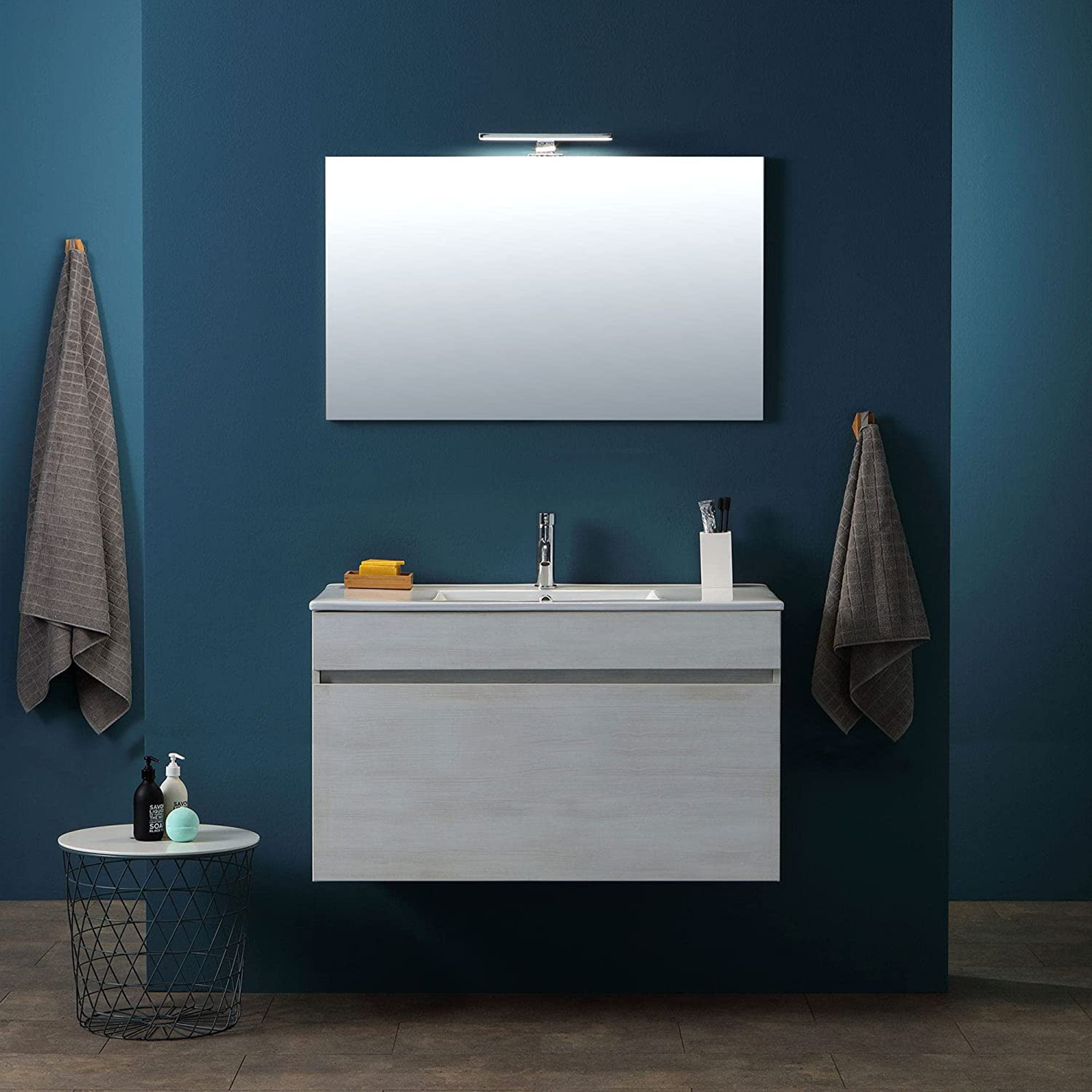 Meuble suspendu sous évier Bogotà, commode en aggloméré avec miroir LED 80x46 cm 50h