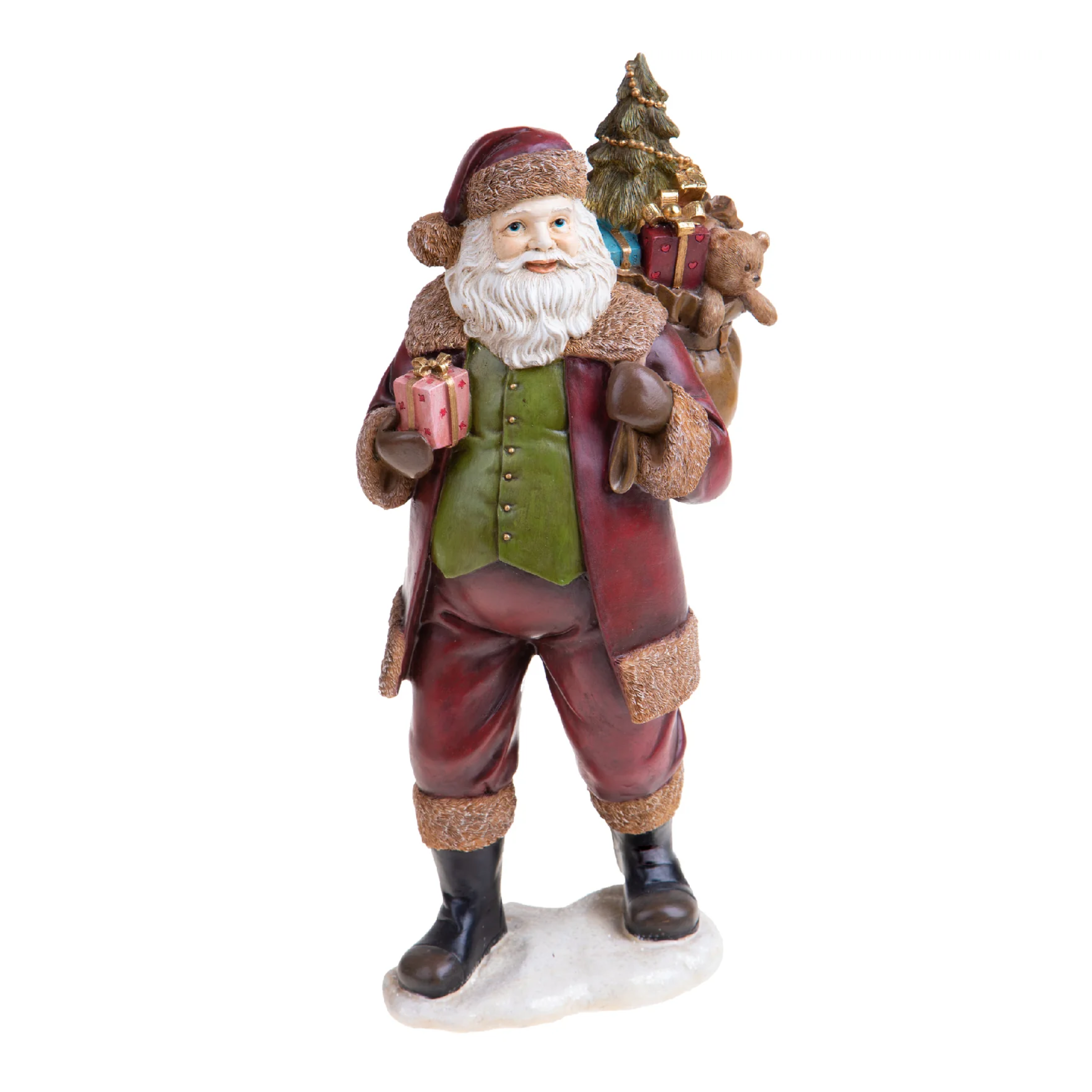 Statuetta babbo natale con sacco in resina per decorazioni natalizie