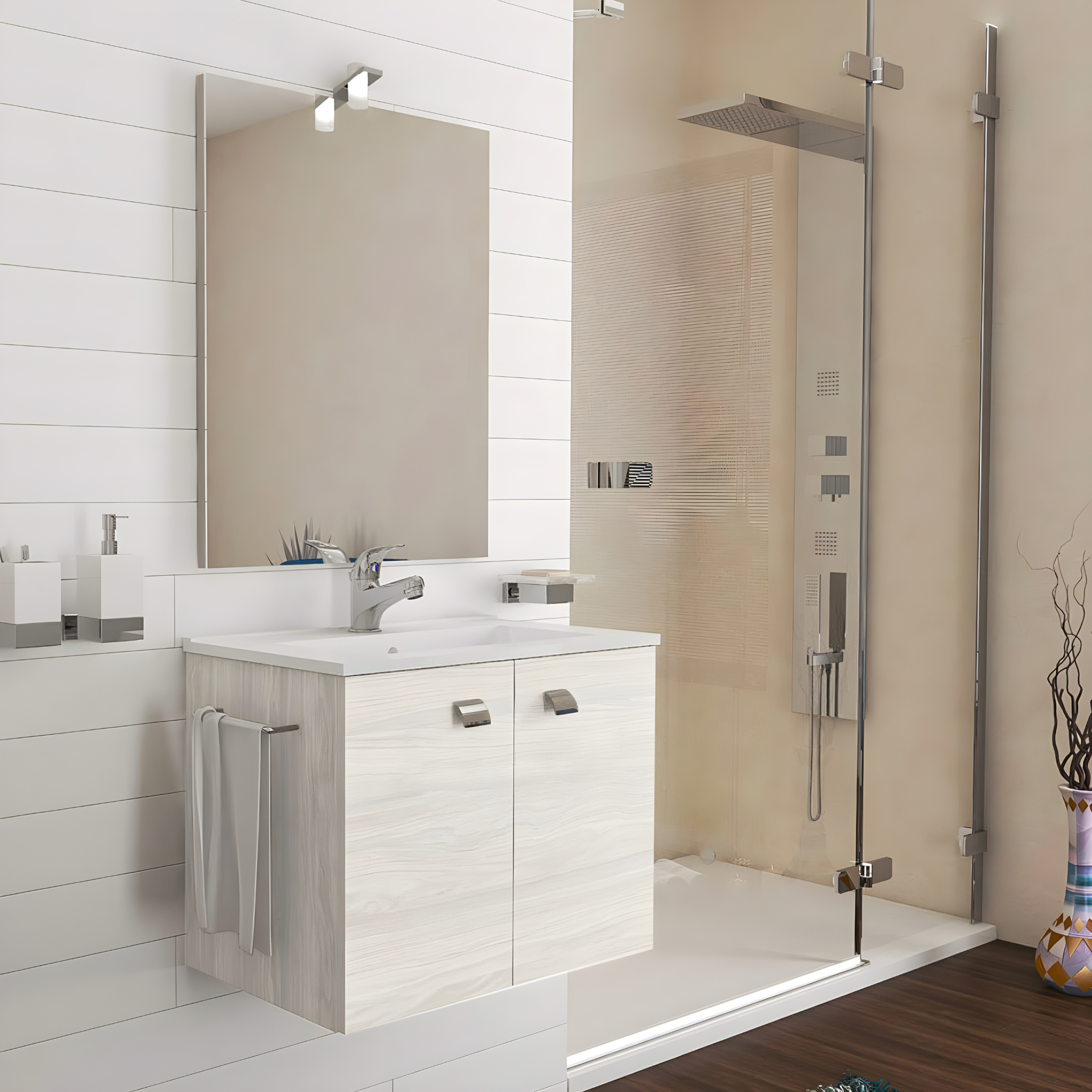 Mobile bagno sospeso "Moa60" con lavabo integrato rettangolare ante con maniglie cromate e specchio LED