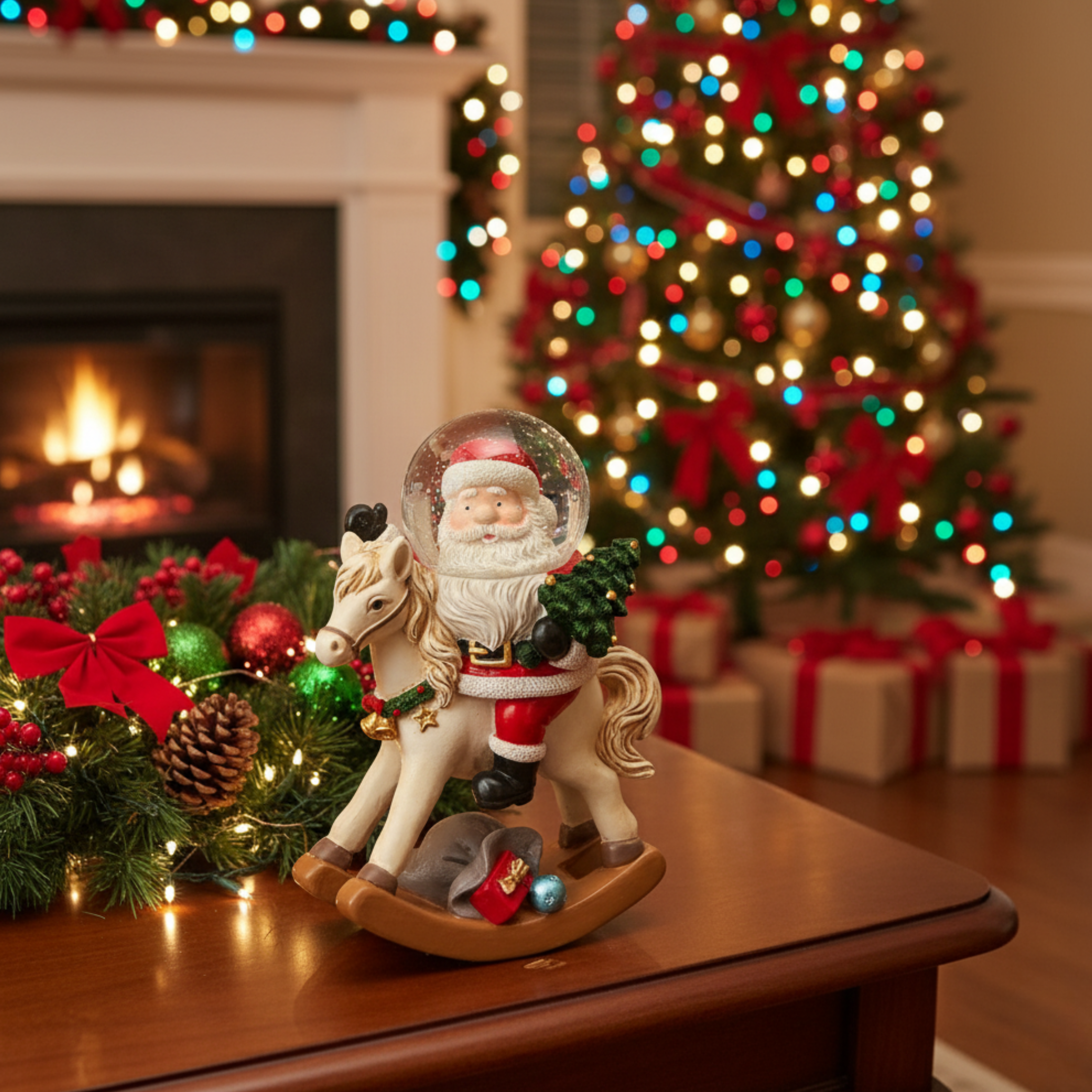 Cavallo a dondolo in resina con sfera d'acqua in vetro e scena natalizia interna ad effetto neve brillante cm 13,5h