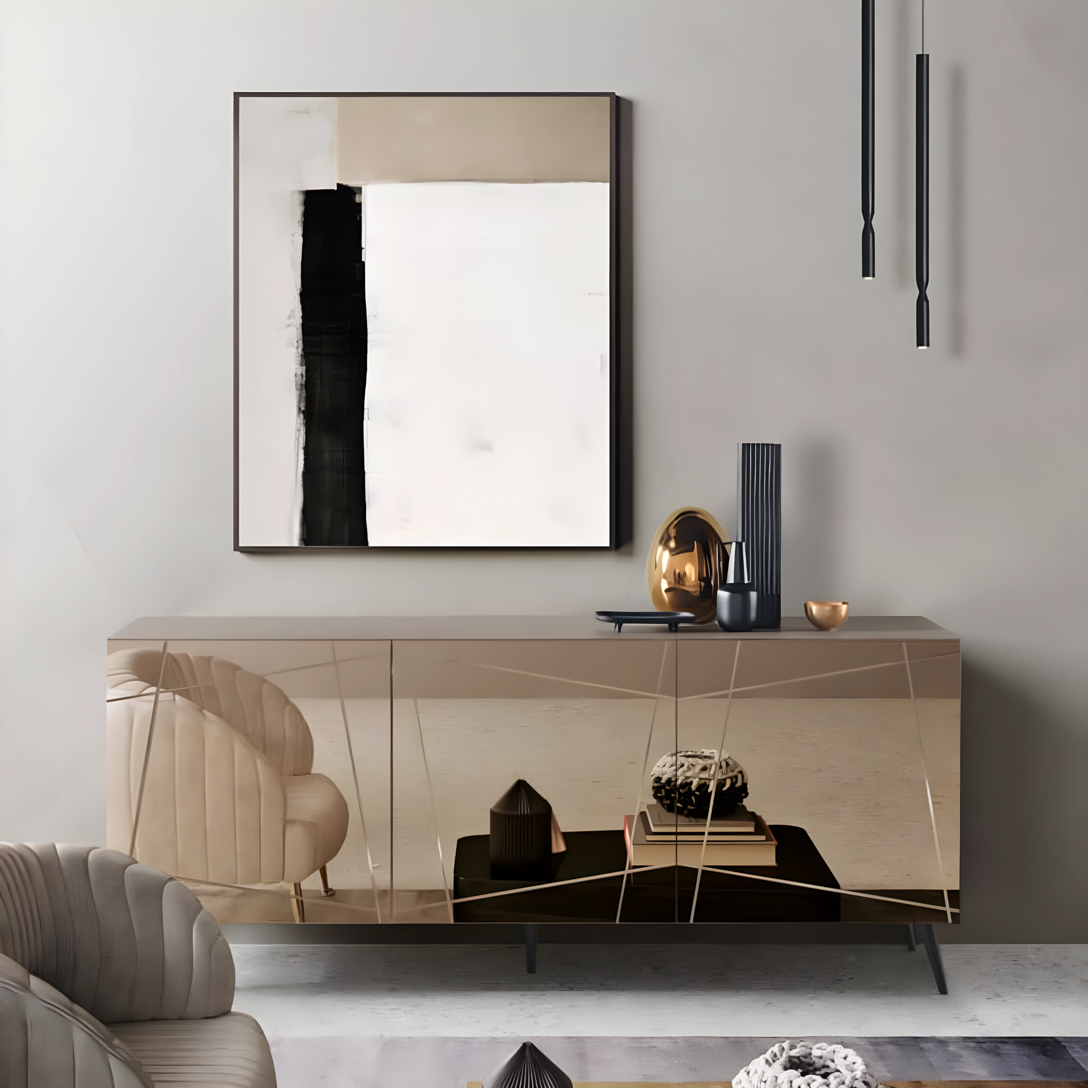 Buffet moderne déjà assemblé en bois "Iside" 3 portes miroir 180x50 h80 cm