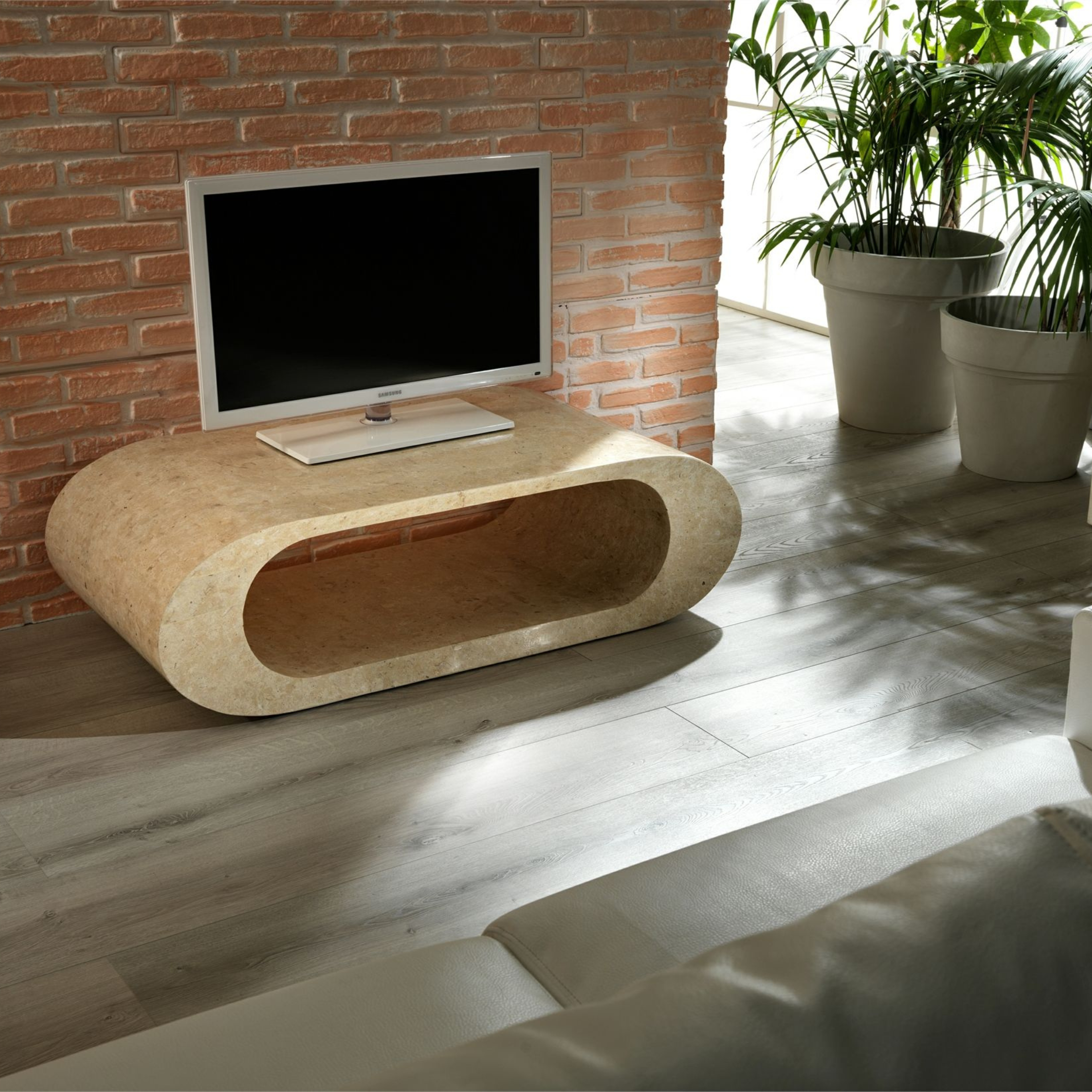 Table meuble TV basse en pierre fossile "Sandu" 120x62 cm 35h