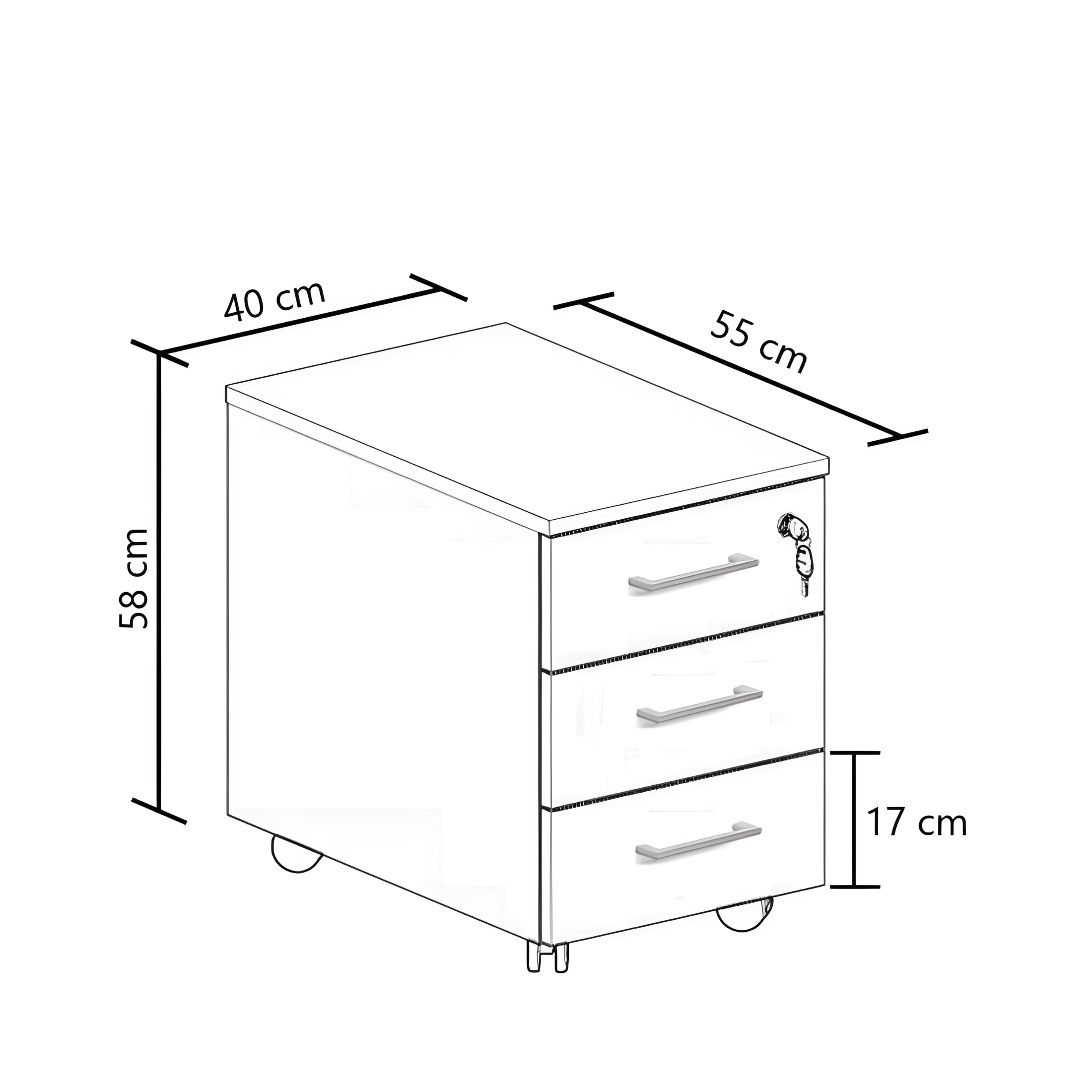 Cassettiera moderna da ufficio 3 cassetti "Ibisco" bianca e noce naturale cm 40x55 58h