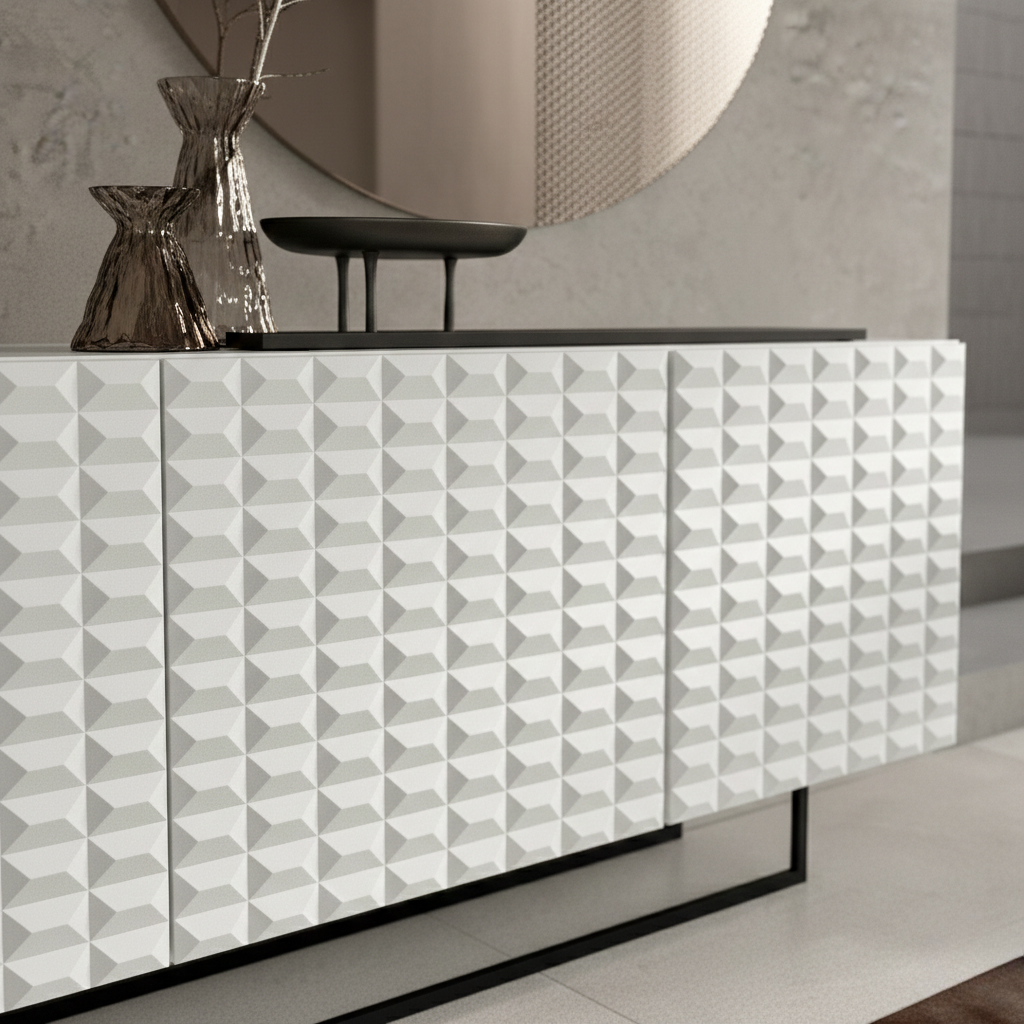 Madia da soggiorno bianca "Palatina" con slitta in metallo nera