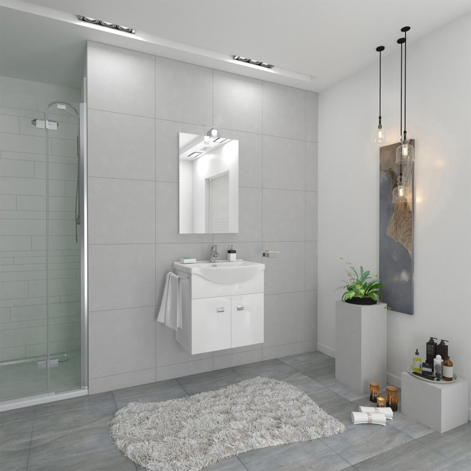 Kit mueble lavabo de baño Emma de aglomerado con espejo, luz y lavabo 58x43 cm 64h