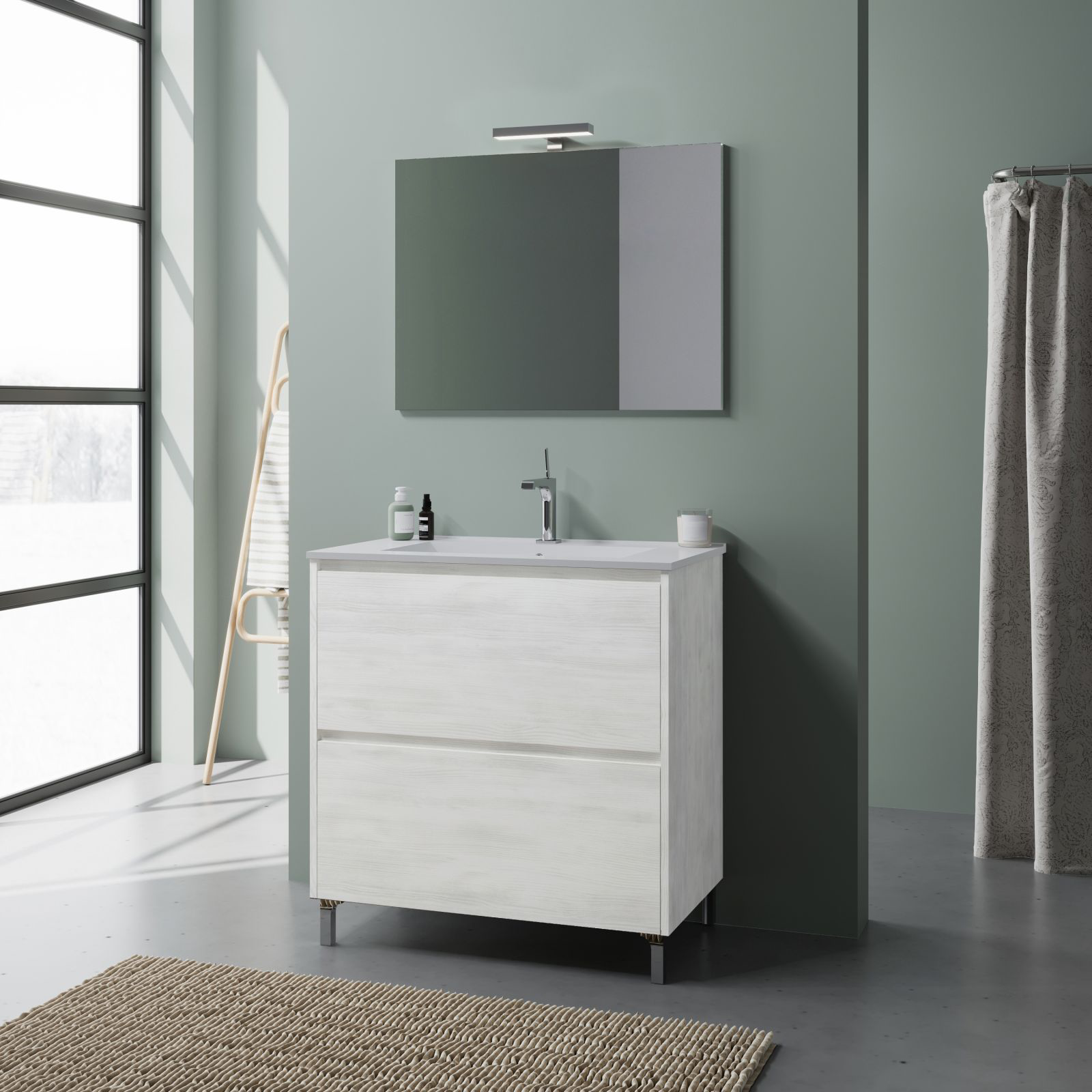 Kit mueble lavabo de baño Lisbon de aglomerado con espejo LED 80x46 cm 75h