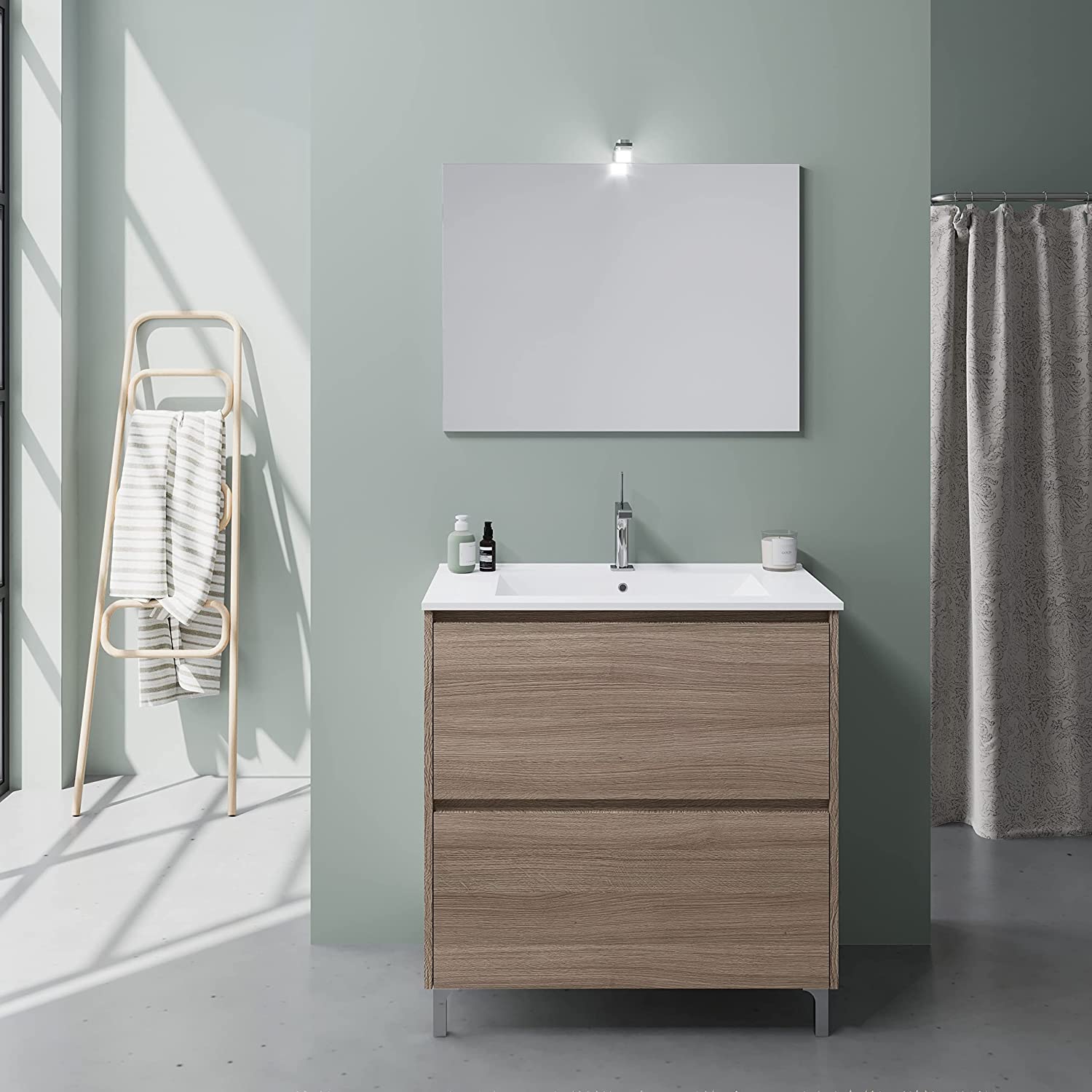 Kit mueble lavabo de baño Lisbon de aglomerado con espejo LED 80x46 cm 75h