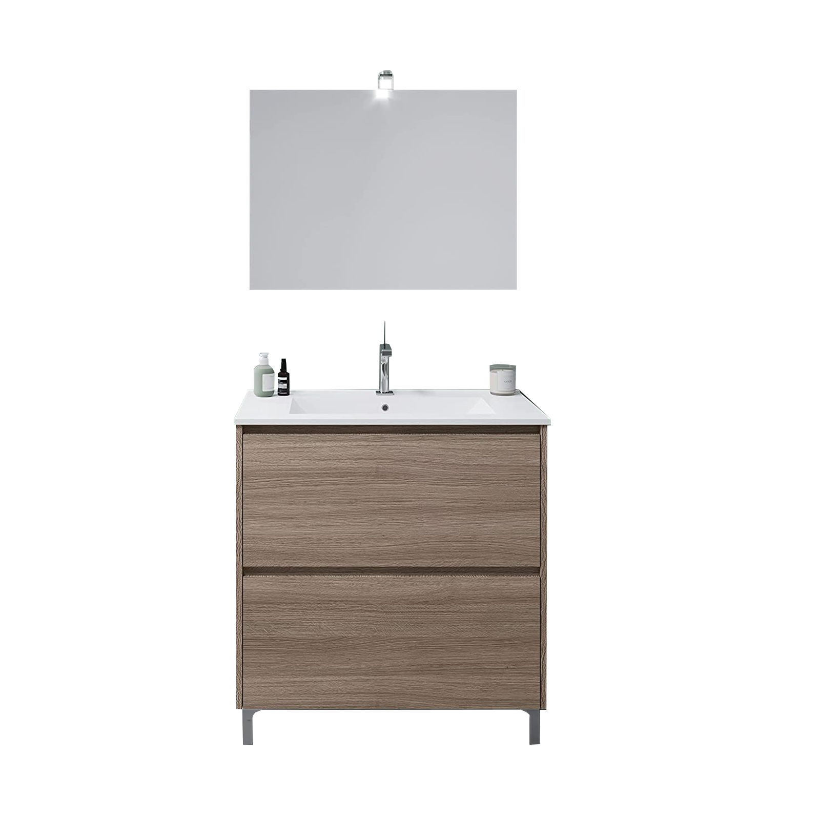 Kit mueble lavabo de baño Lisbon de aglomerado con espejo LED 80x46 cm 75h