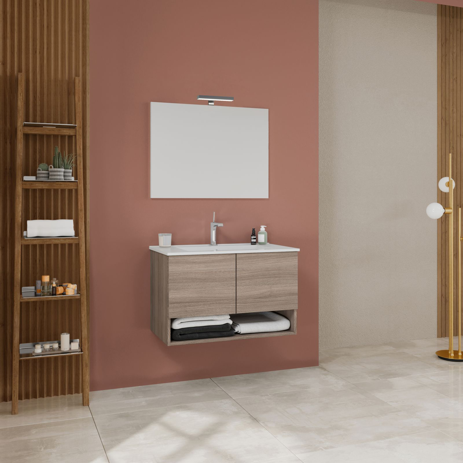Kit mueble lavabo de baño Oslo en aglomerado con espejo y luz LED 80x4