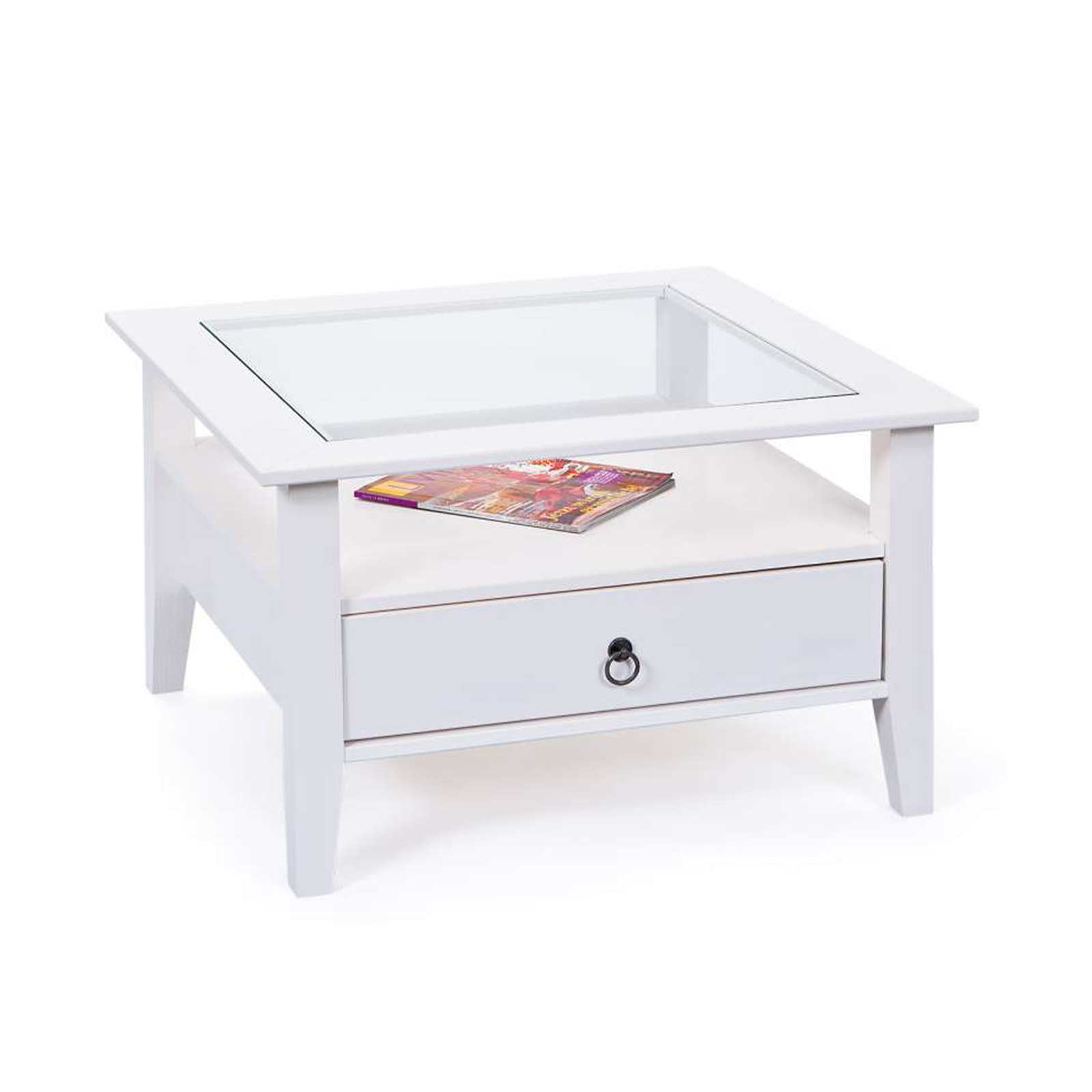 Table basse de salon Provence en bois massif blanc avec étagère en verre 75x75 cm 45h