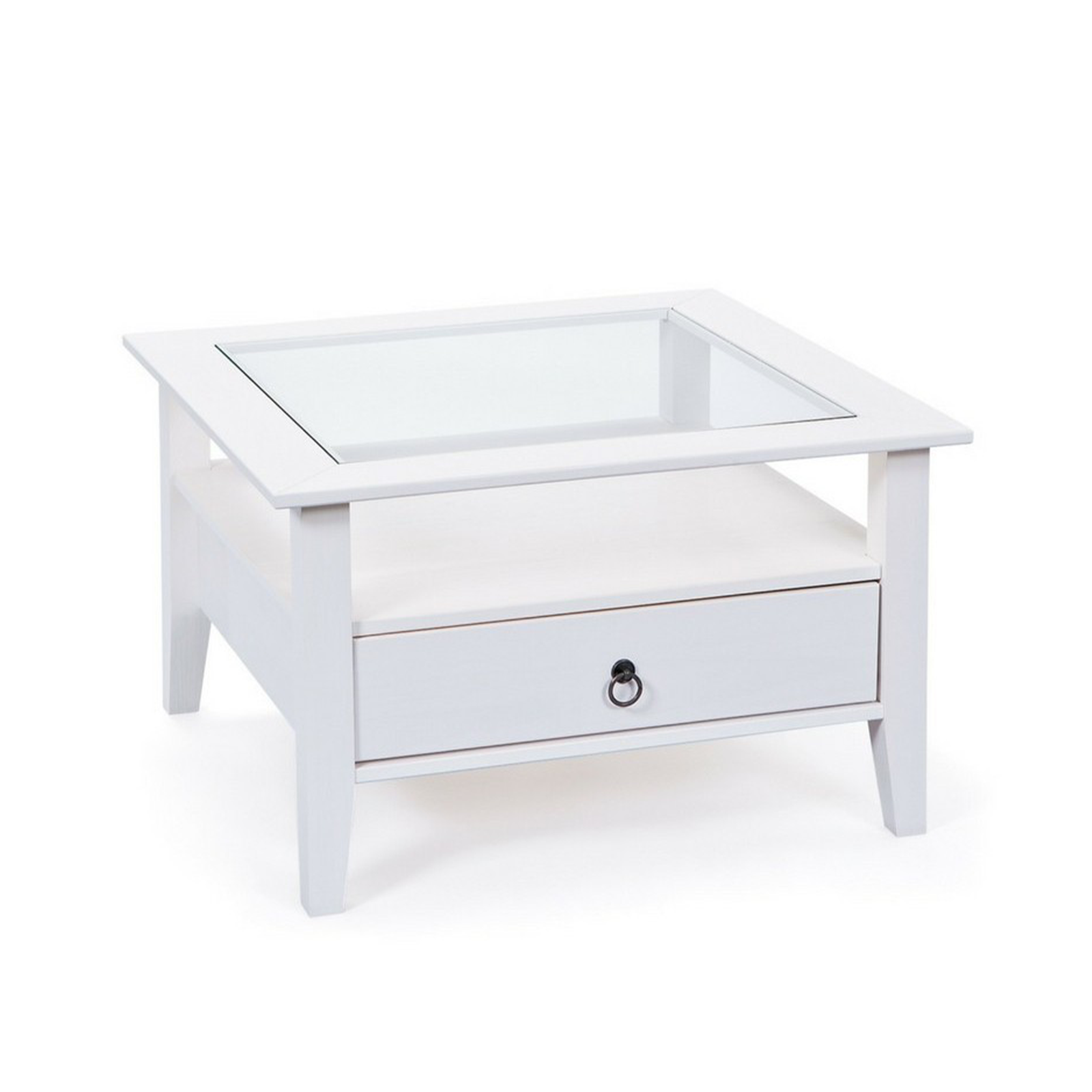 Table basse de salon Provence en bois massif blanc avec étagère en verre 75x75 cm 45h