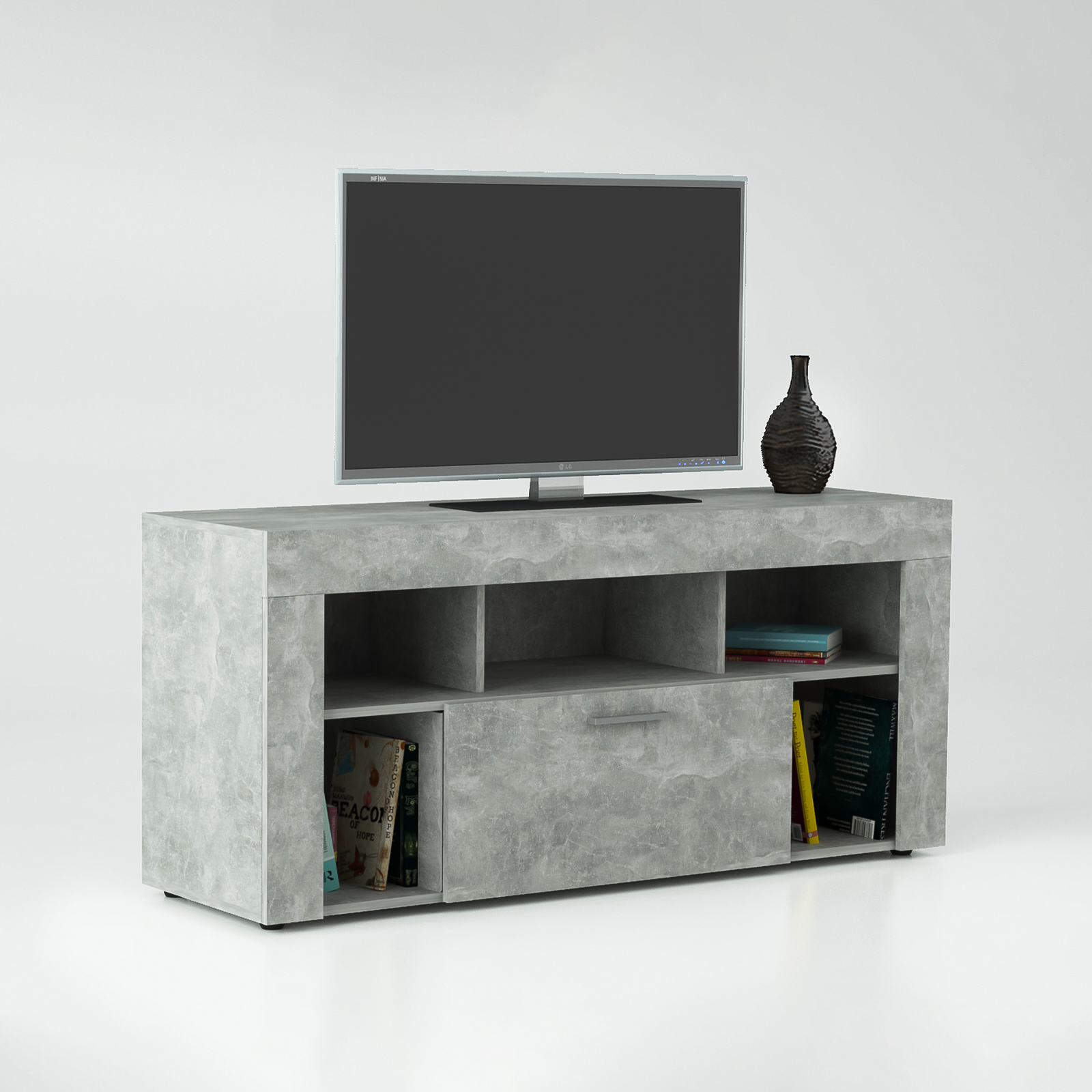 Mueble TV Vision de aglomerado cemento 1 puerta con baldas 130x42 cm 60h