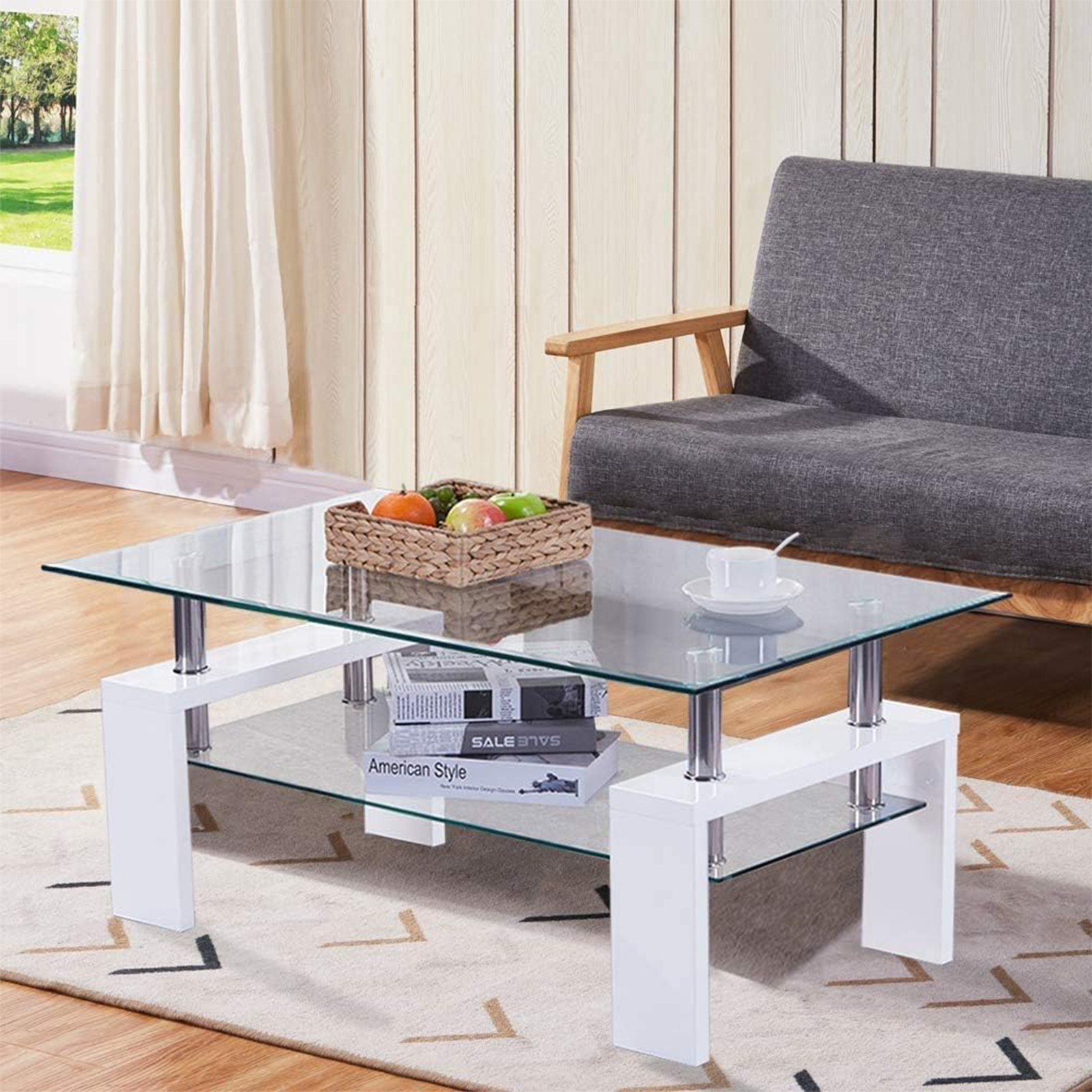 Table basse de salon en bois avec étagère en verre 100x60 cm 45h