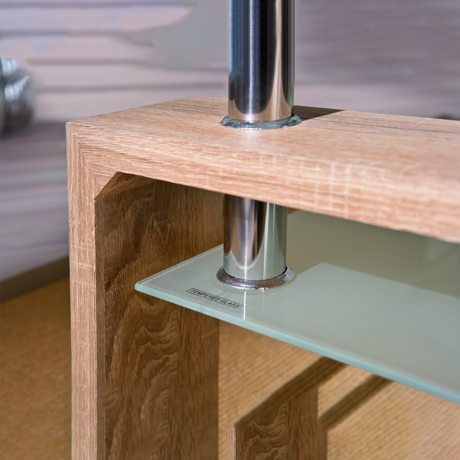 Table basse de salon en bois avec étagère en verre 100x60 cm 45h