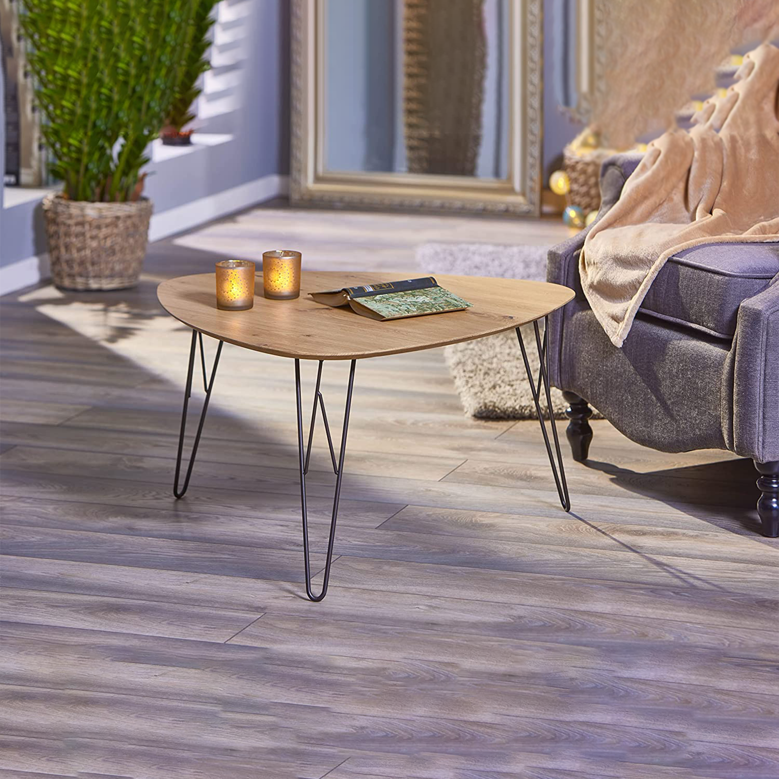 Tavolino basso da caffè Tampa per soggiorno in metallo e legno quercia cm 80x78 41h