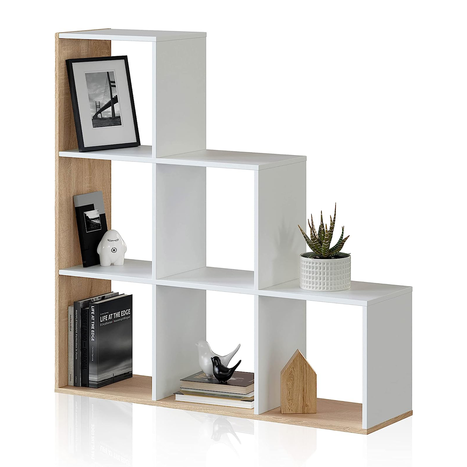 Bibliothèque ouverte Box avec 6 compartiments blanc et chêne en bois mélaminé 108x28 cm 110h