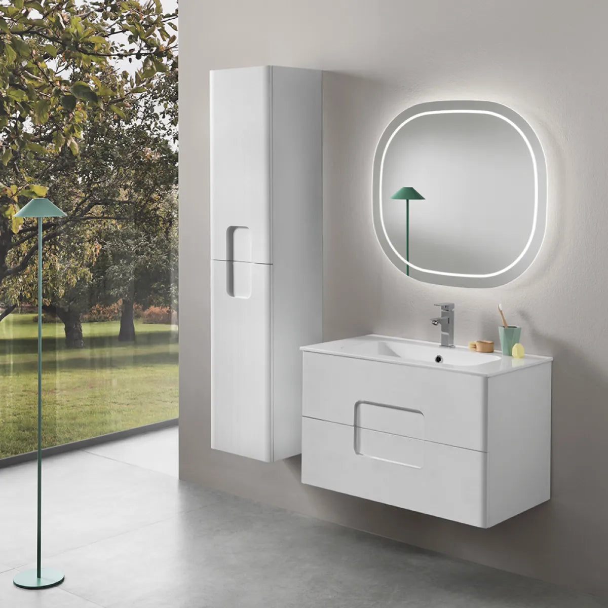 Mobile bagno sospeso "Jade80" in legno larice bianco con 2 cassetti e lavabo