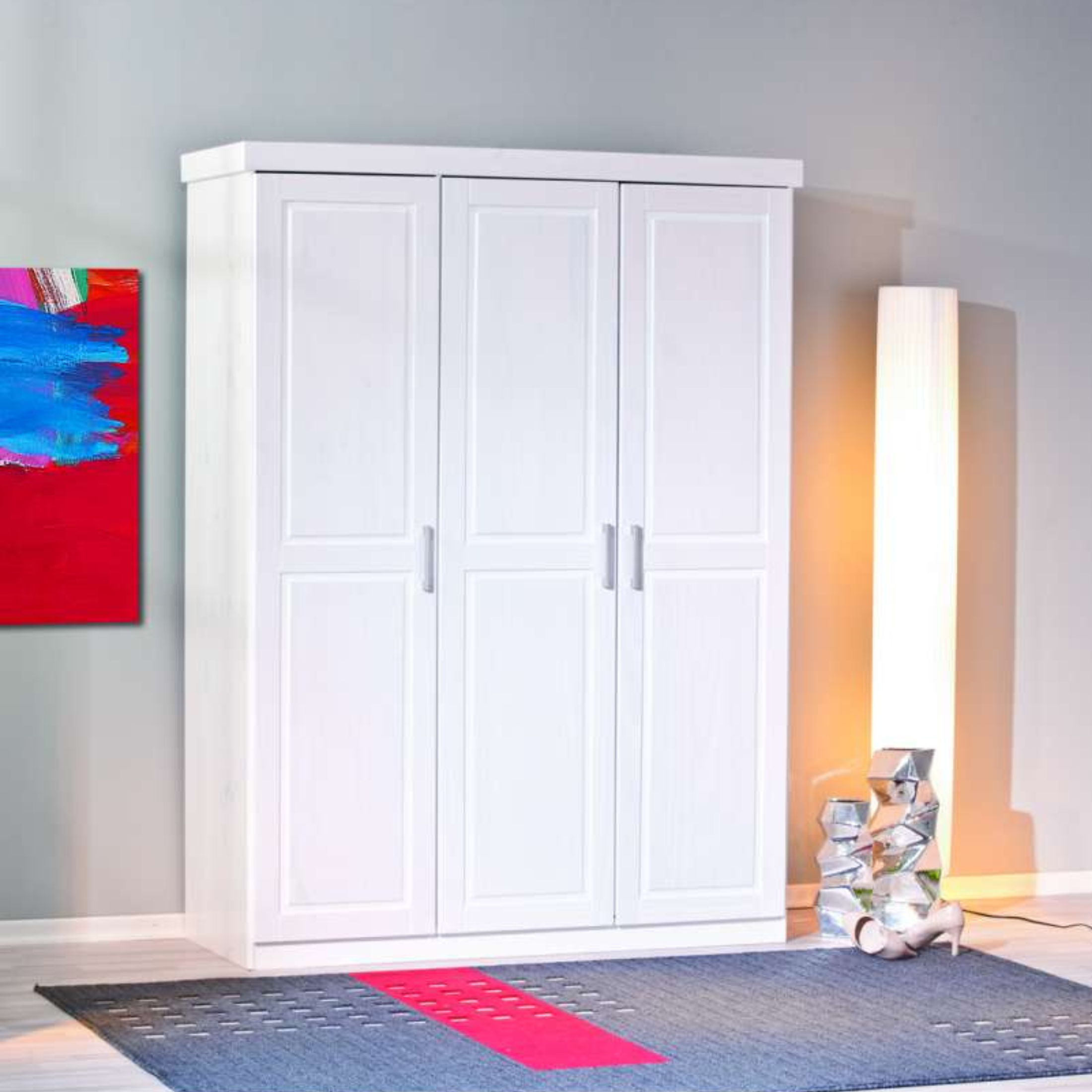 Armoire 3 portes blanche en bois massif 140x55 h190 cm