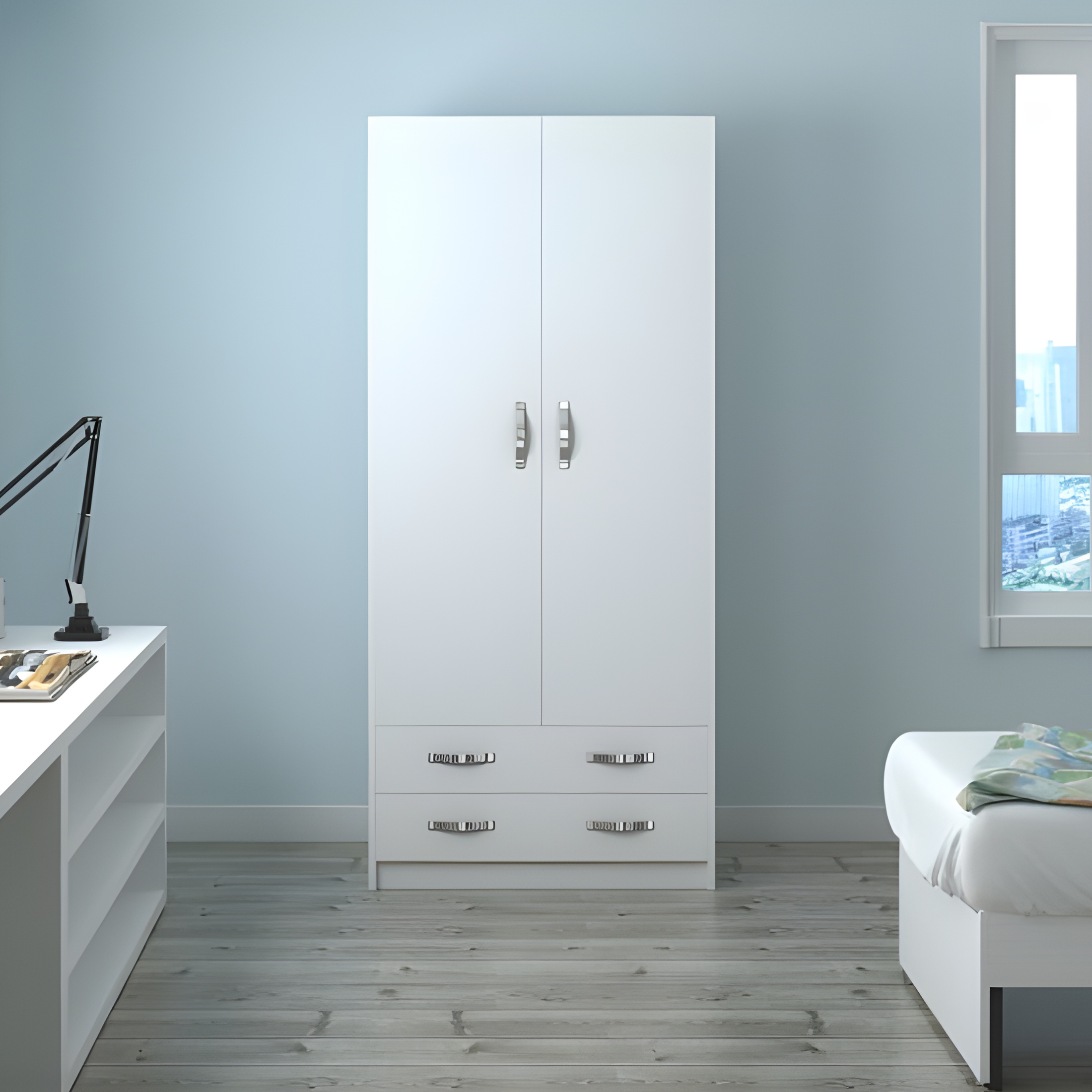 Armadio in legno bianco "Modern2" con 2 ante e 2 cassetti appendiabiti cm 91x52 210h