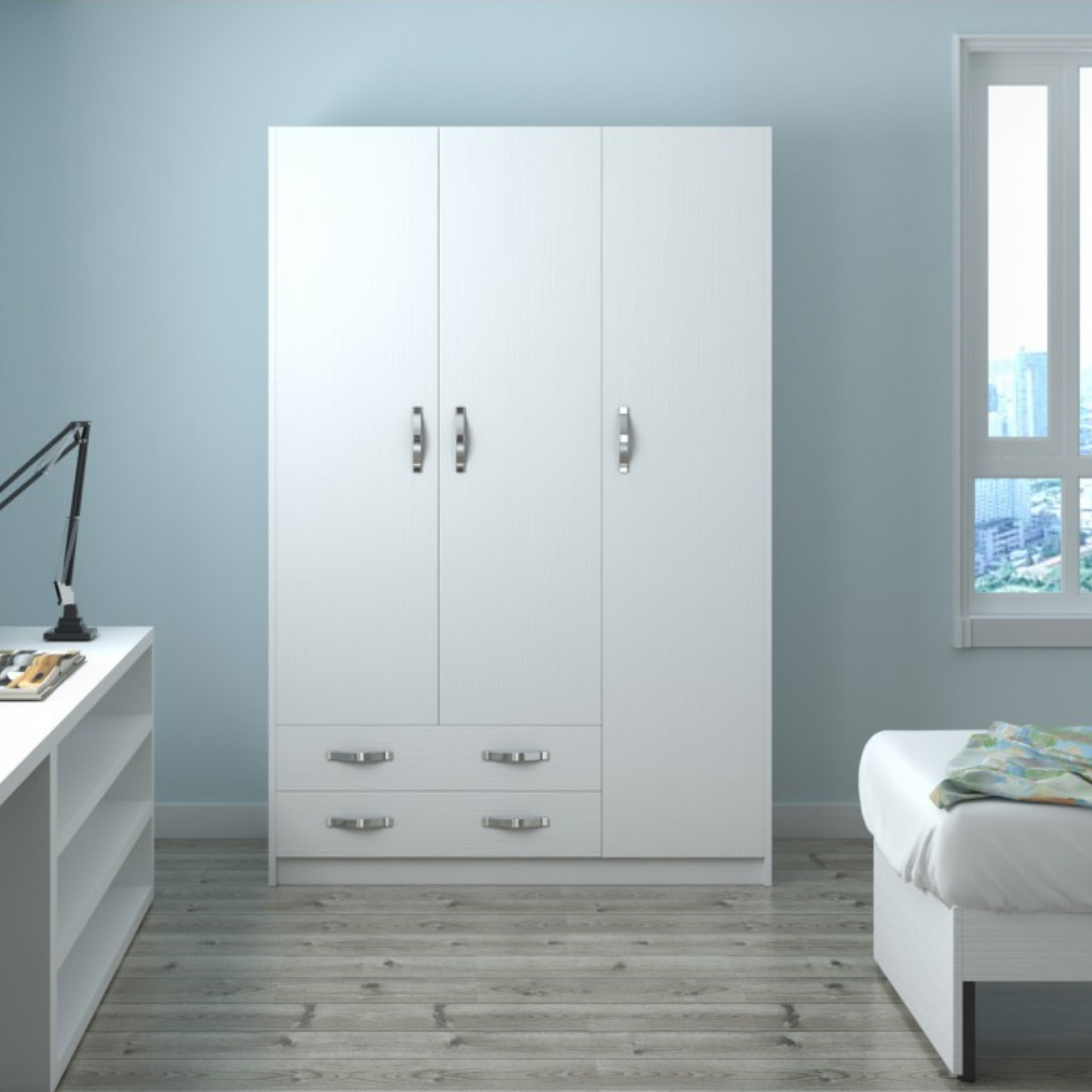 Armadio in legno bianco "Modern3" con 3 ante e 2 cassetti appendiabiti cm 135x52 210h