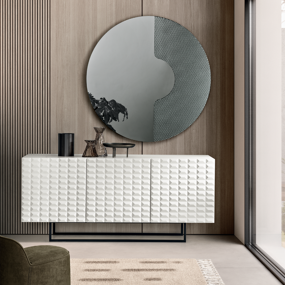 Specchio da parete tondo "Ilia" con inserto a rete per ambienti moderni