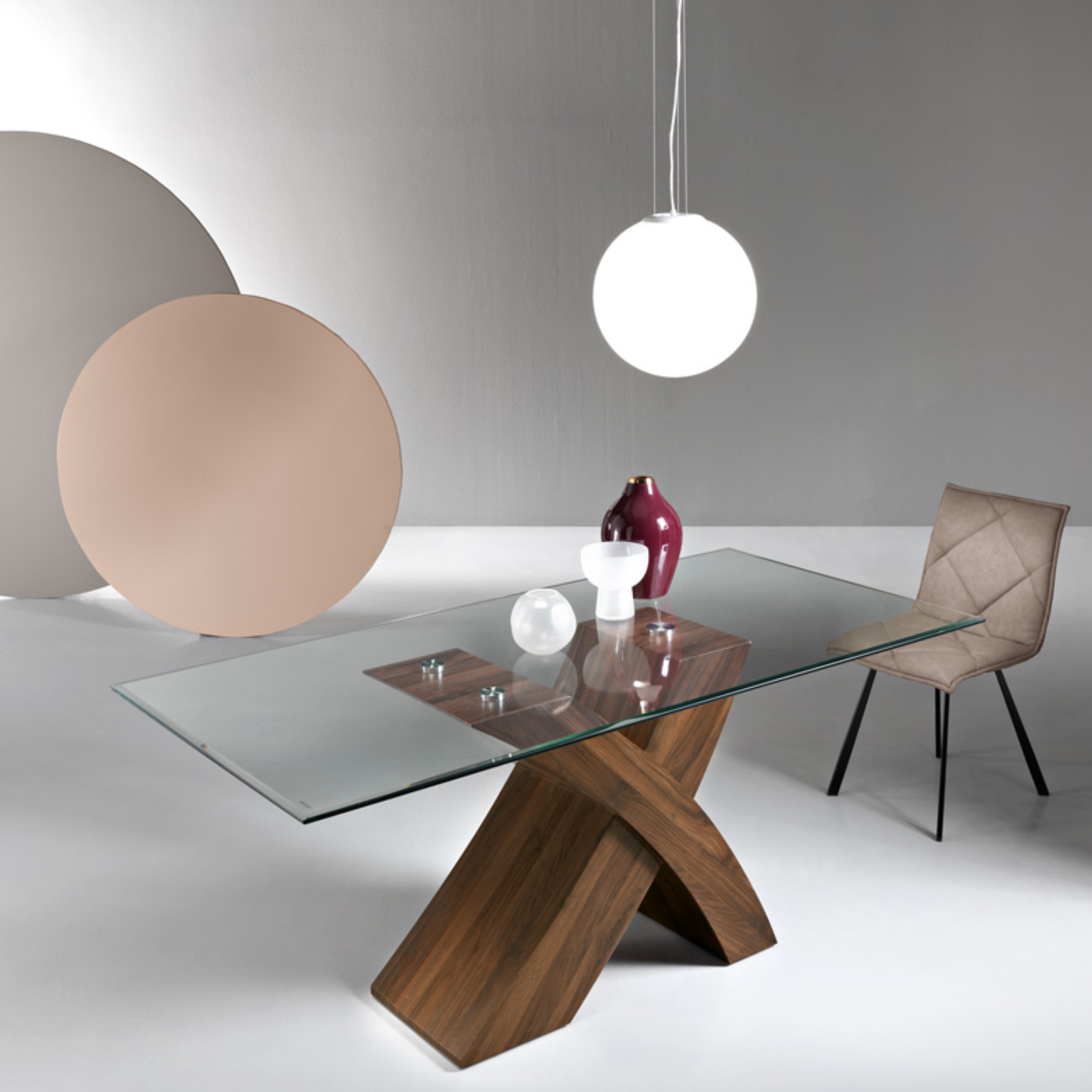 Tavolo fisso da soggiorno "Balance" con base effetto legno e piano in vetro cm 90x180 77h