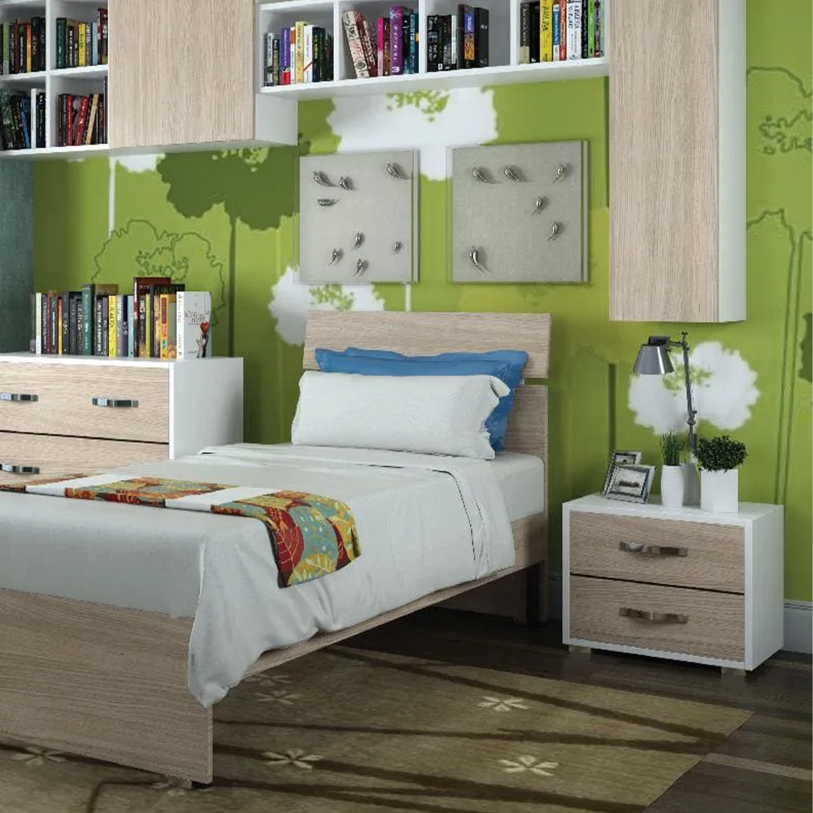 Mesita de noche moderna en madera de olmo, mueble de dormitorio con 2 cajones 52x36 cm 43h