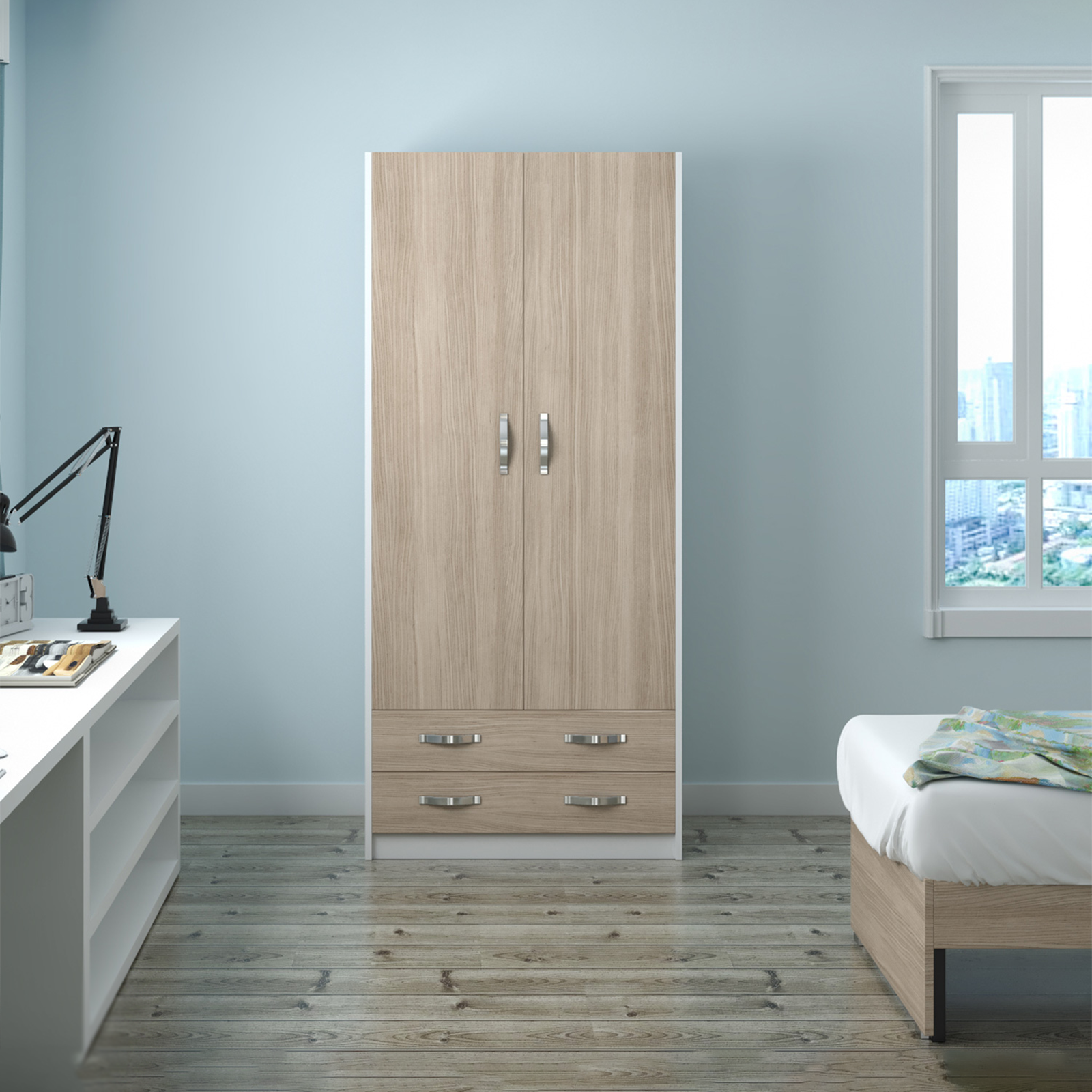 Armario dormitorio con dos puertas y 2 cajones en madera de olmo Modern 91x52 cm 210h