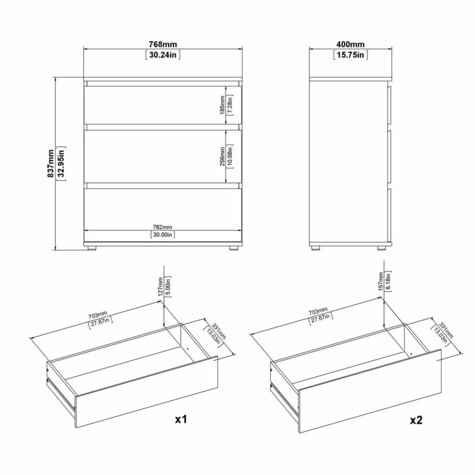 Cassettiera moderna per camera da letto Nova in legno bianco e rovere