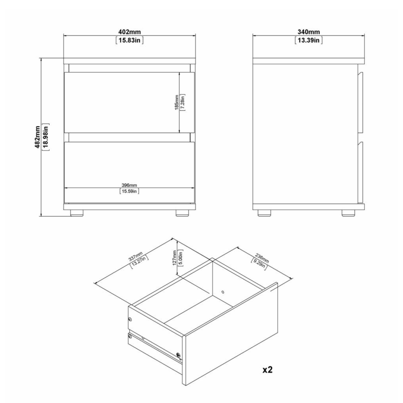 Comodino moderno in legno "Nova" mobile da letto con 2 cassetti cm 40x34 48h