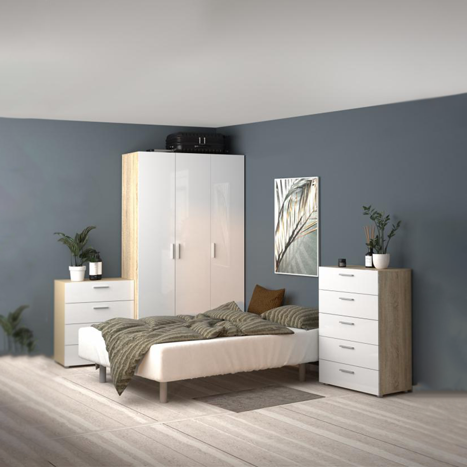 Cómoda de dormitorio moderna Pepe en madera blanca y roble 70x40 cm 82h