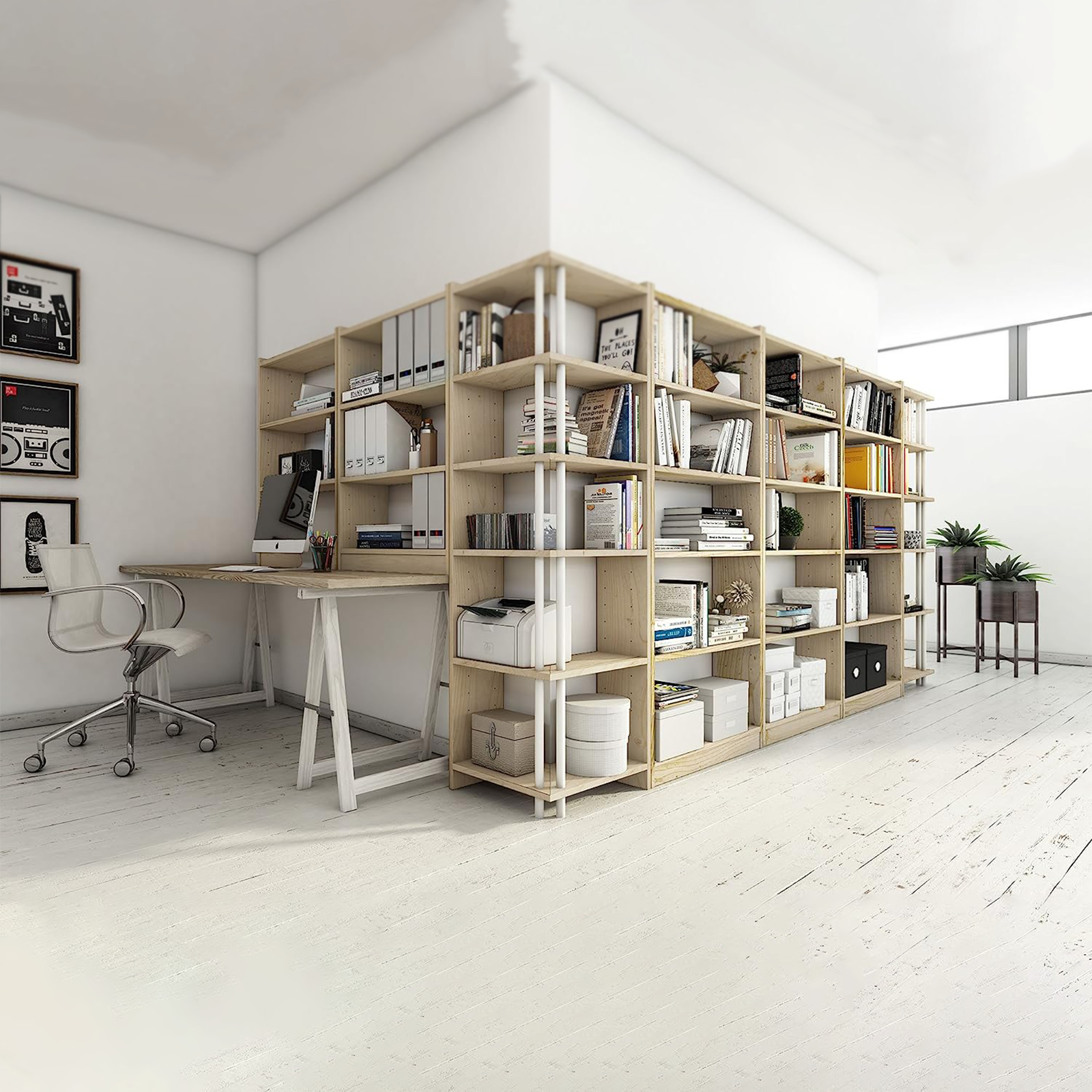 Librería alta abierta Sinir con 7 estantes de madera, 217h cm