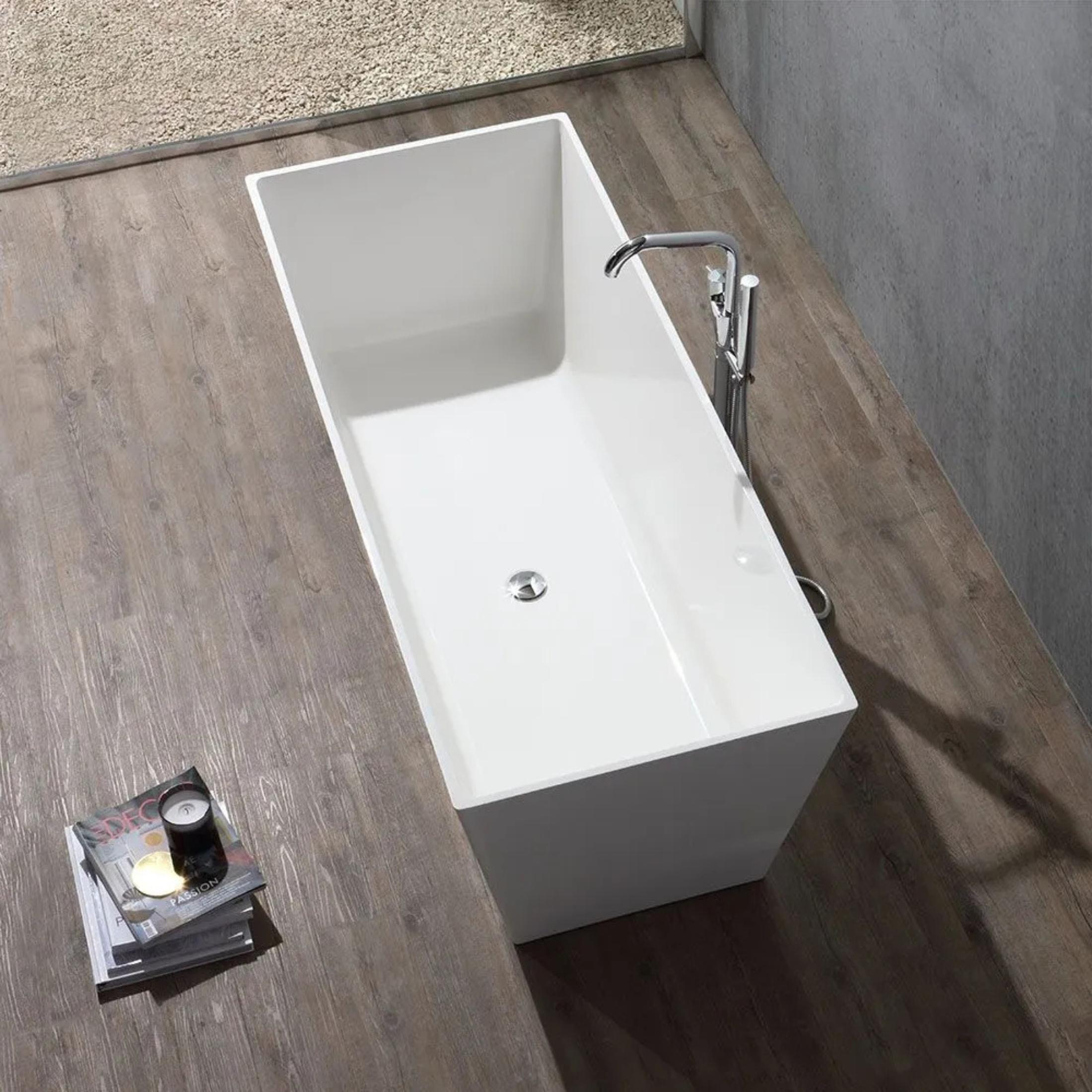 Vasca da bagno squadrata "Yoyo" autoportante in marmo ricomposto bianco cm 159x65 55h