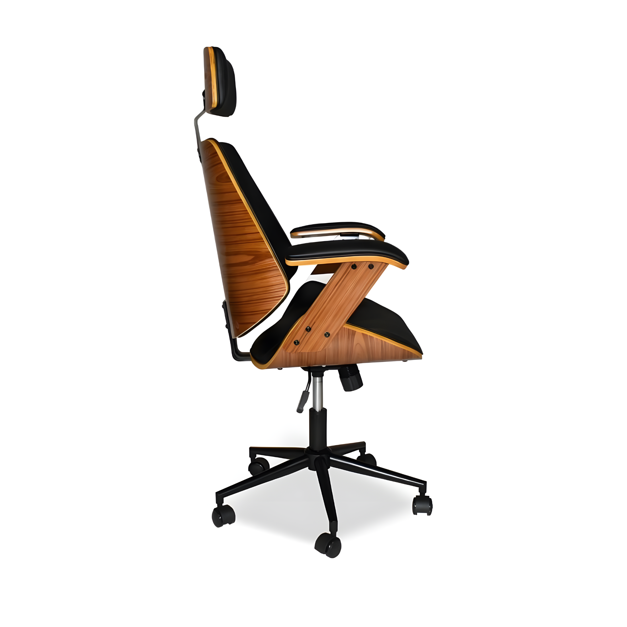 Sedia da ufficio girevole "James" in pelle nera con struttura e braccioli effetto legno cm 66x50 118h