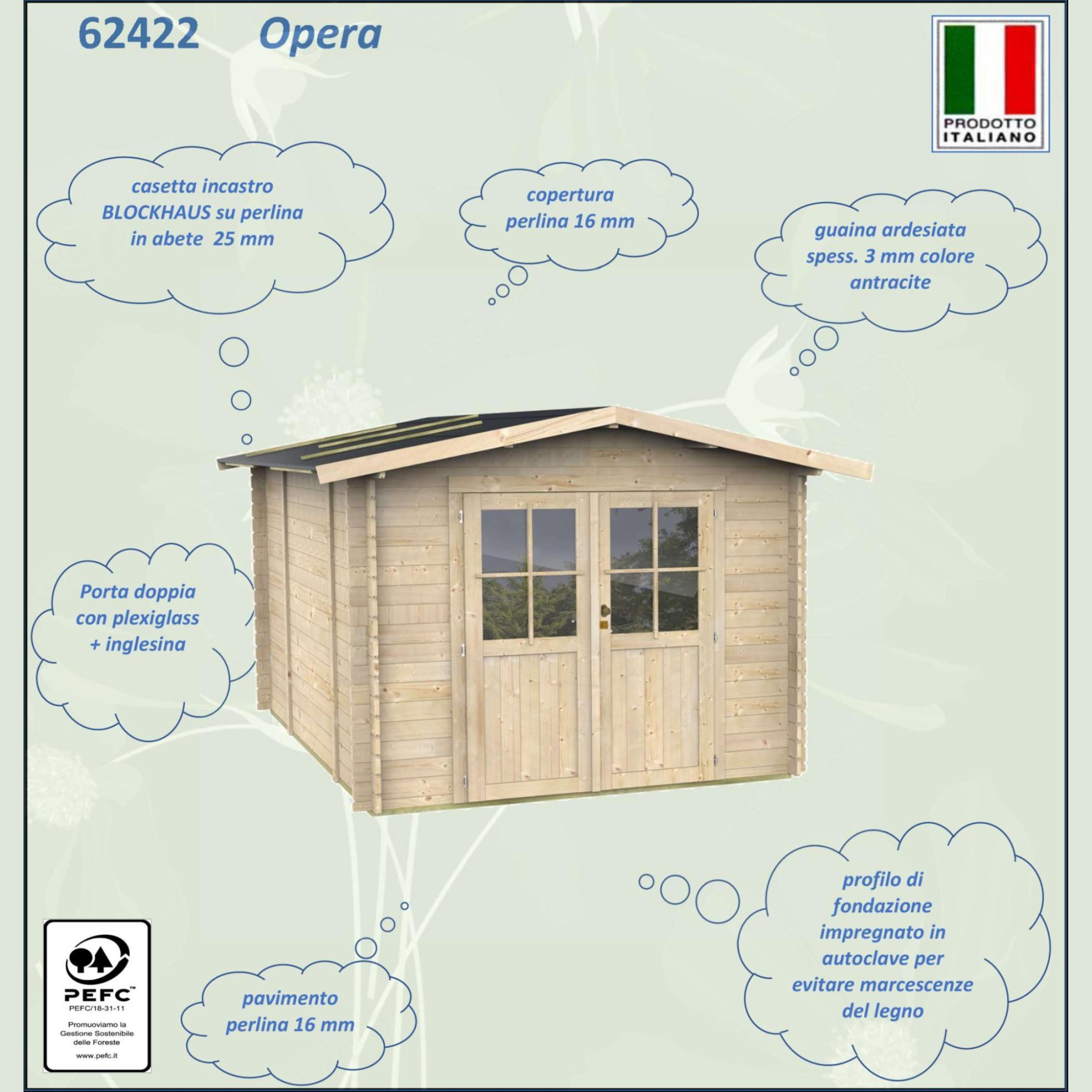 Casetta in legno da giardino "Opera" cm 215x250 207h porta doppia finestrata