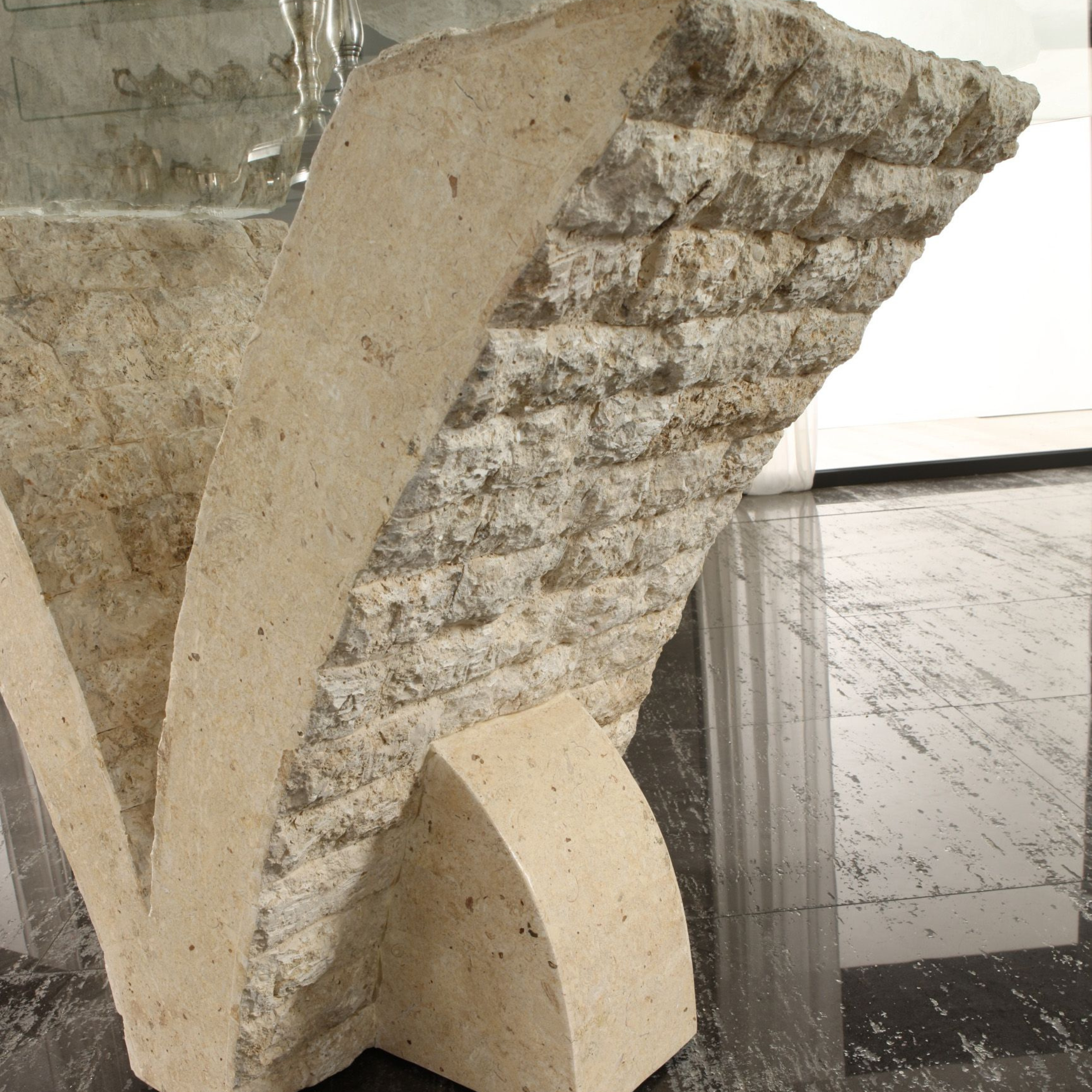 Mesa de comedor de piedra "Papillon2" tapa de cristal templado 180x100 cm 76h