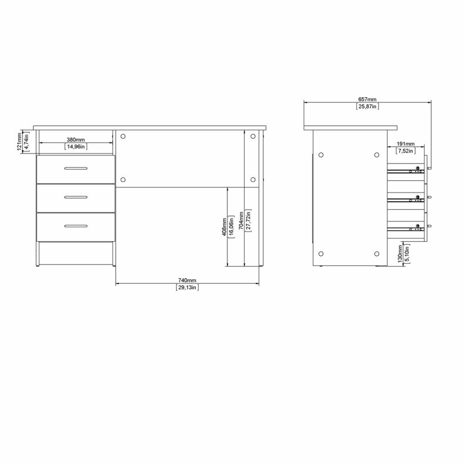 Bureau Function Plus avec commode 3 tiroirs en chêne et bois blanc 120x48 cm 73h